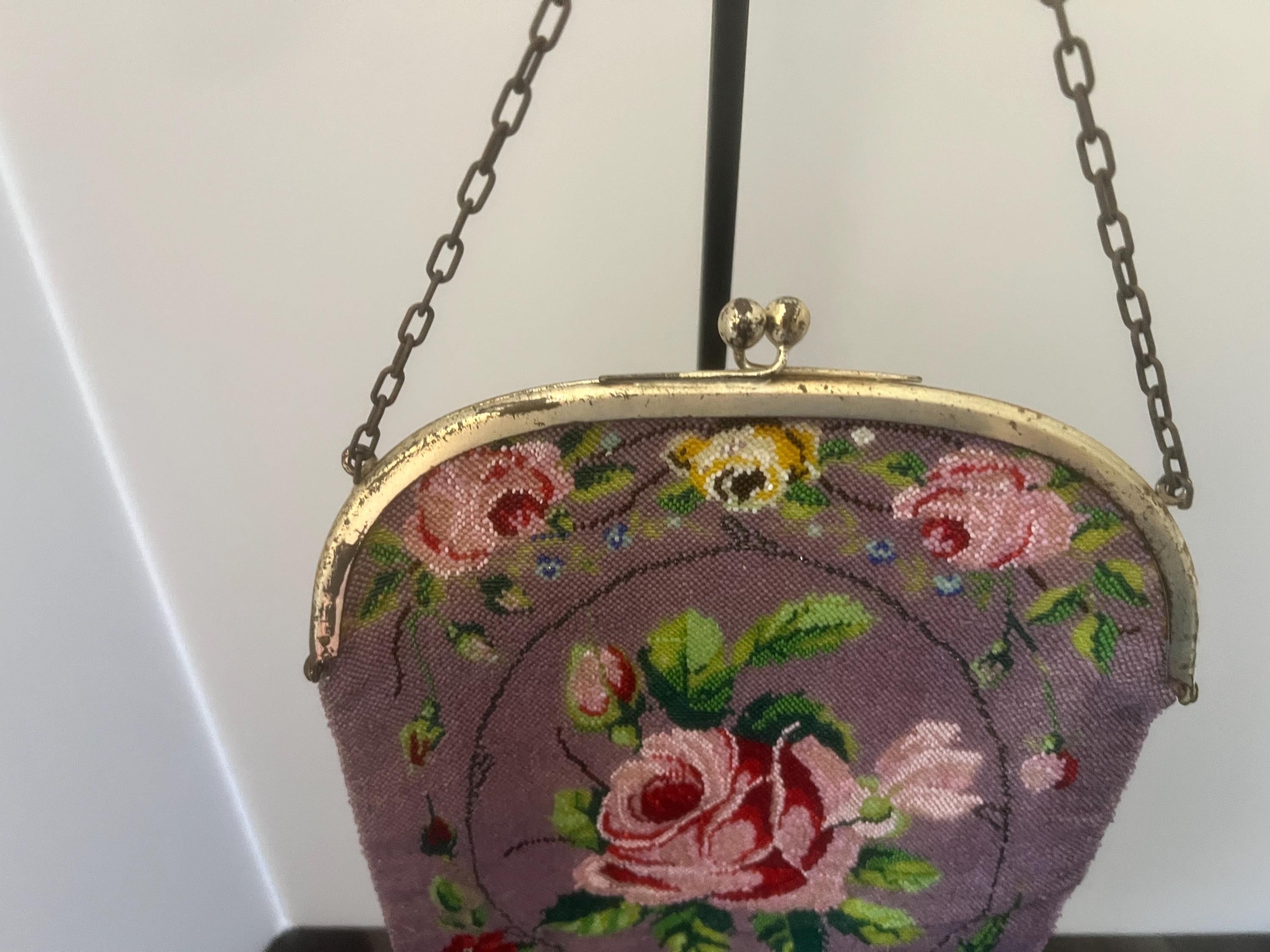 Rare czech lavender rose beaded purse | 1920s art deco handbag | antique flapper evening bag with fringe & chain handle antique