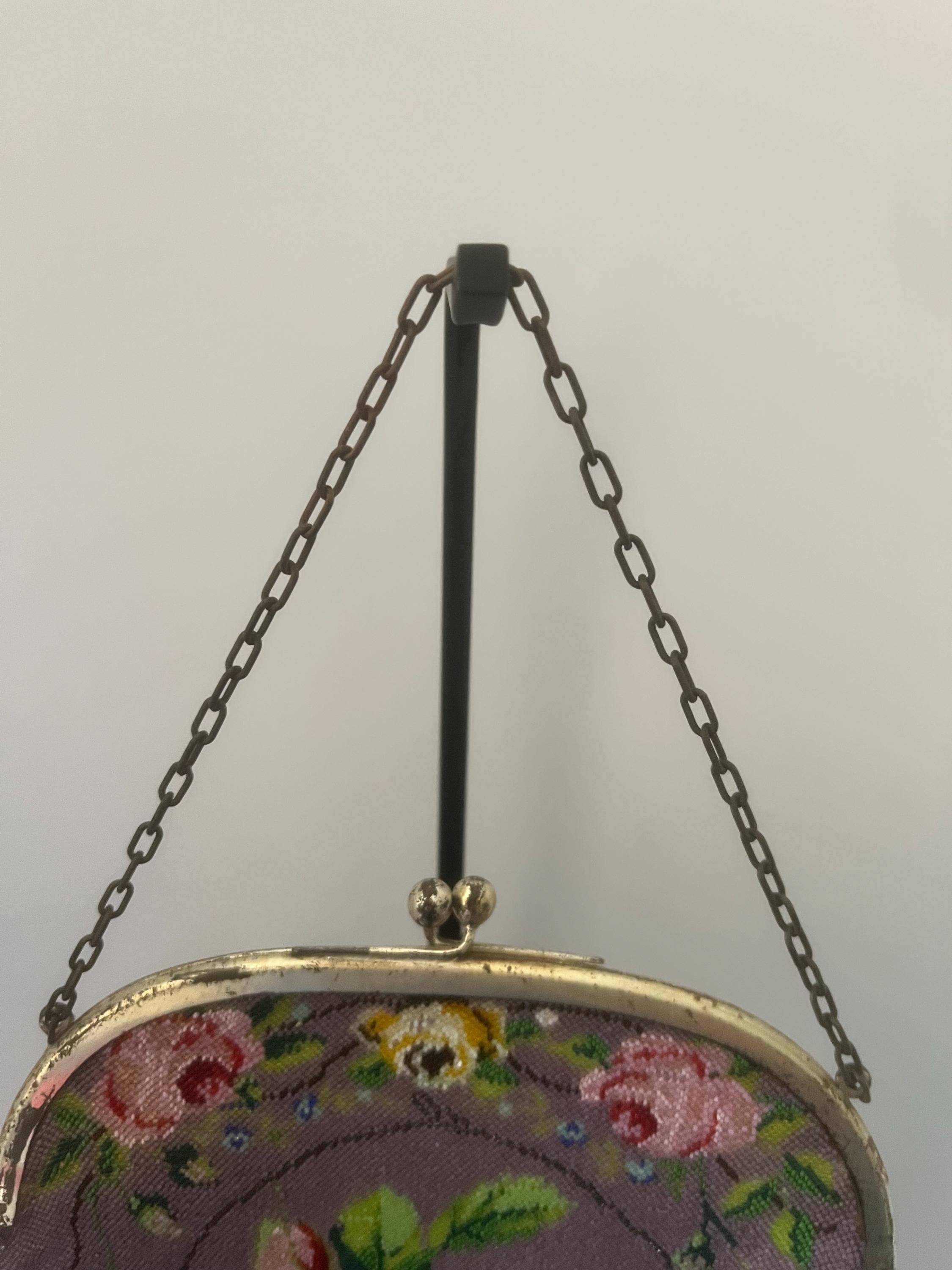 Rare czech lavender rose beaded purse | 1920s art deco handbag | antique flapper evening bag with fringe & chain handle antique