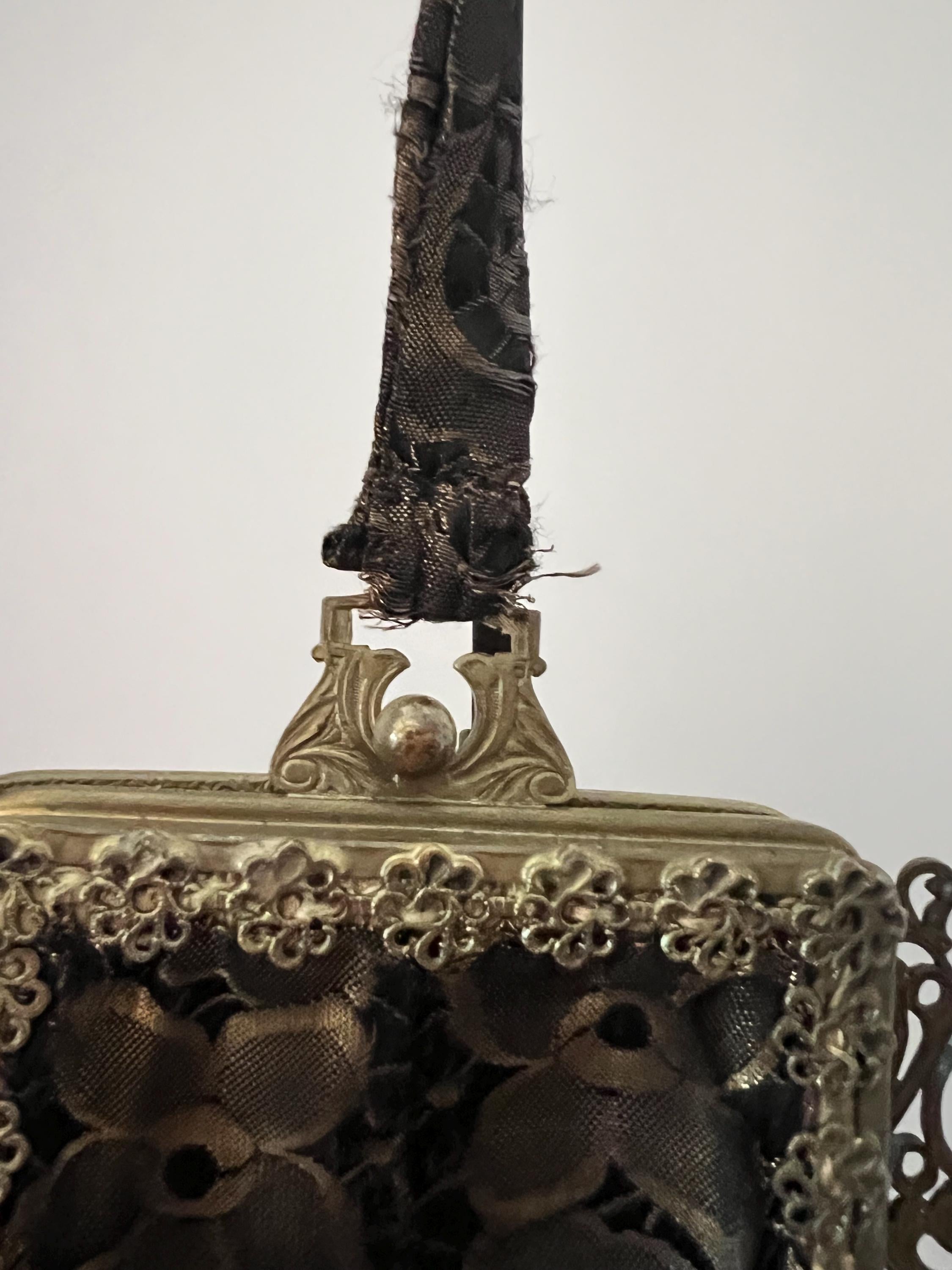 Antique victorian lace evening purse | ornate gilt frame with amber stones | black lace necessaire wristlet | late 1800s edwardian bag