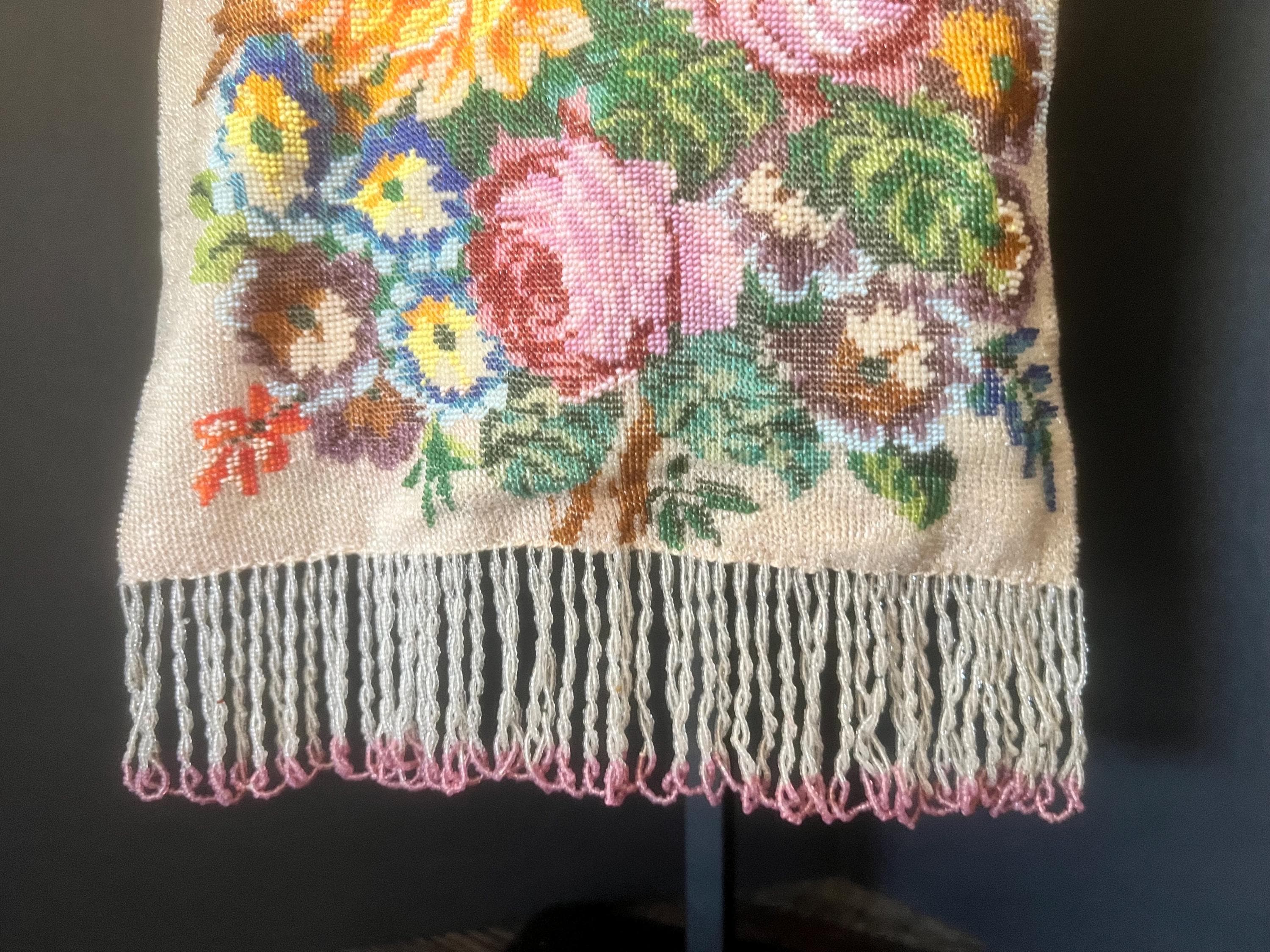 Austrian beaded evening purse – floral micro beads, ornate frame, pink silk lining vintage