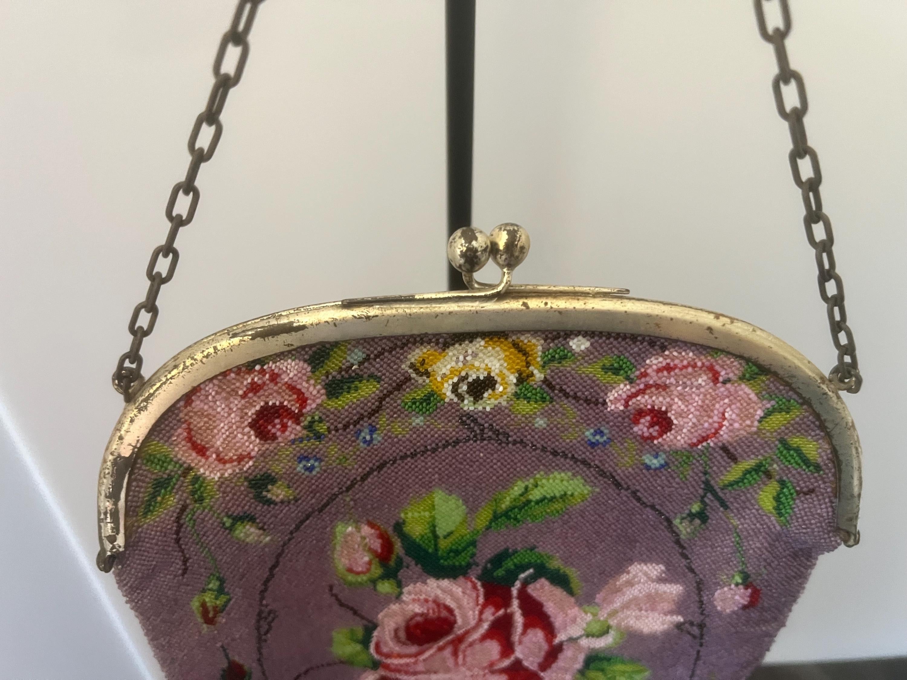 Rare czech lavender rose beaded purse | 1920s art deco handbag | antique flapper evening bag with fringe & chain handle antique