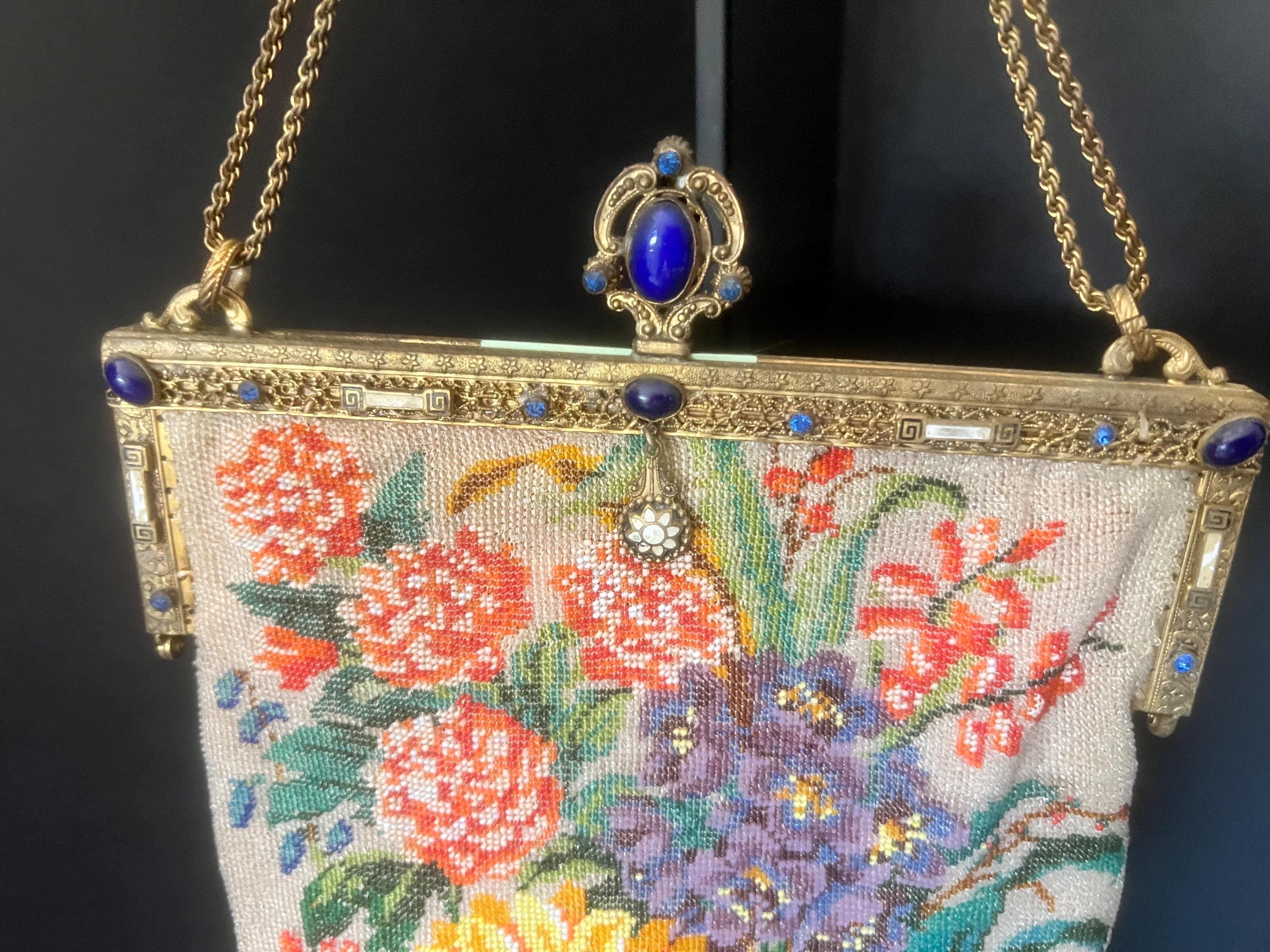 Austrian beaded evening purse – floral micro beads, ornate frame, pink silk lining vintage