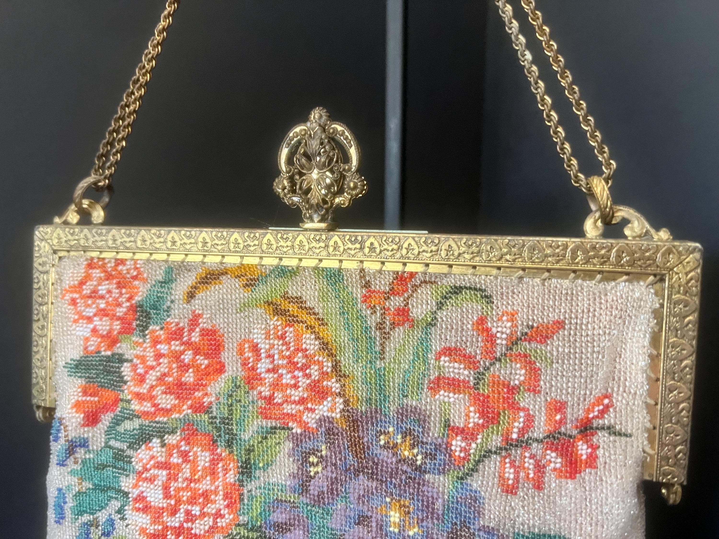 Austrian beaded evening purse – floral micro beads, ornate frame, pink silk lining vintage