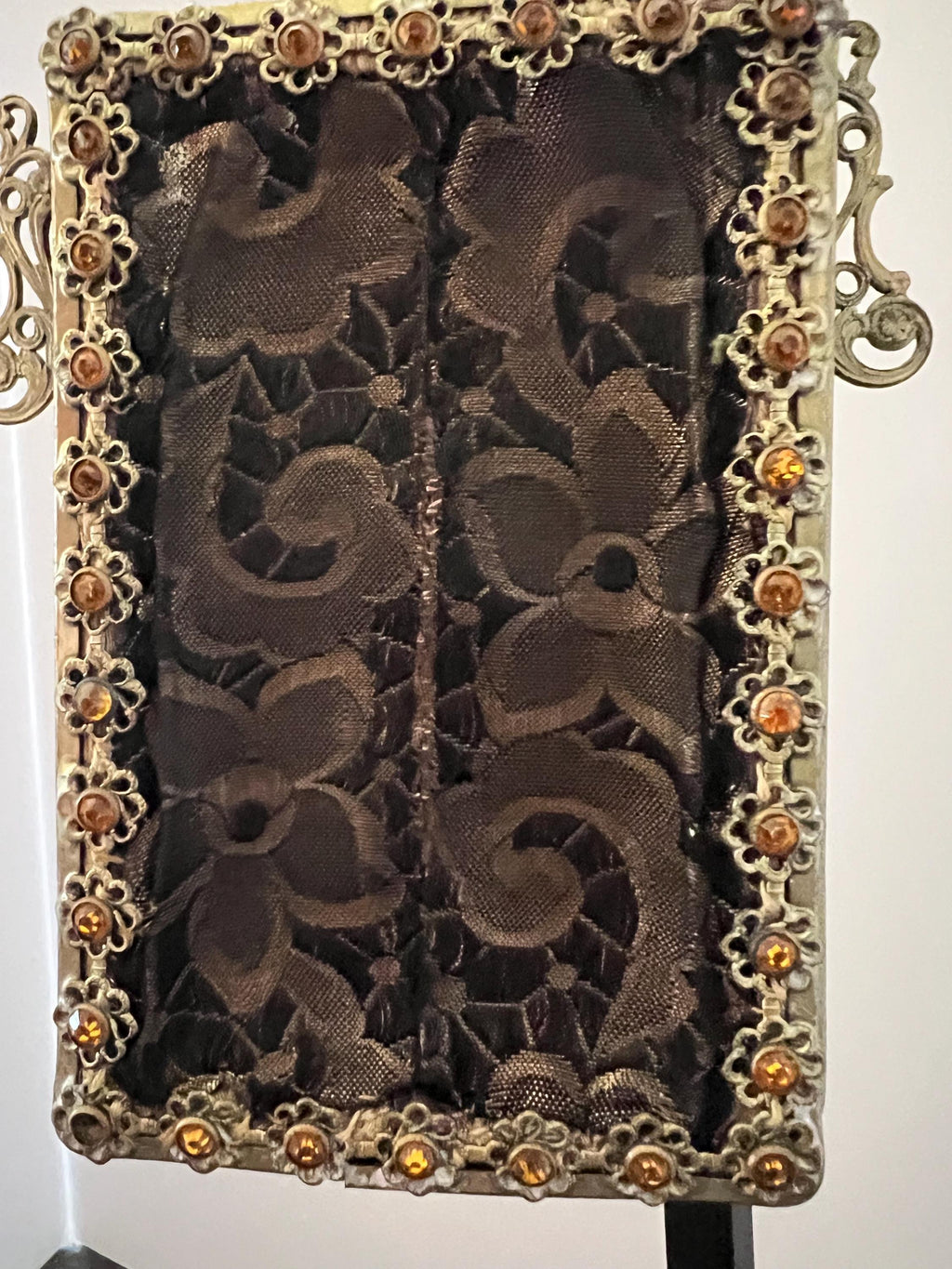 Antique victorian lace evening purse | ornate gilt frame with amber stones | black lace necessaire wristlet | late 1800s edwardian bag