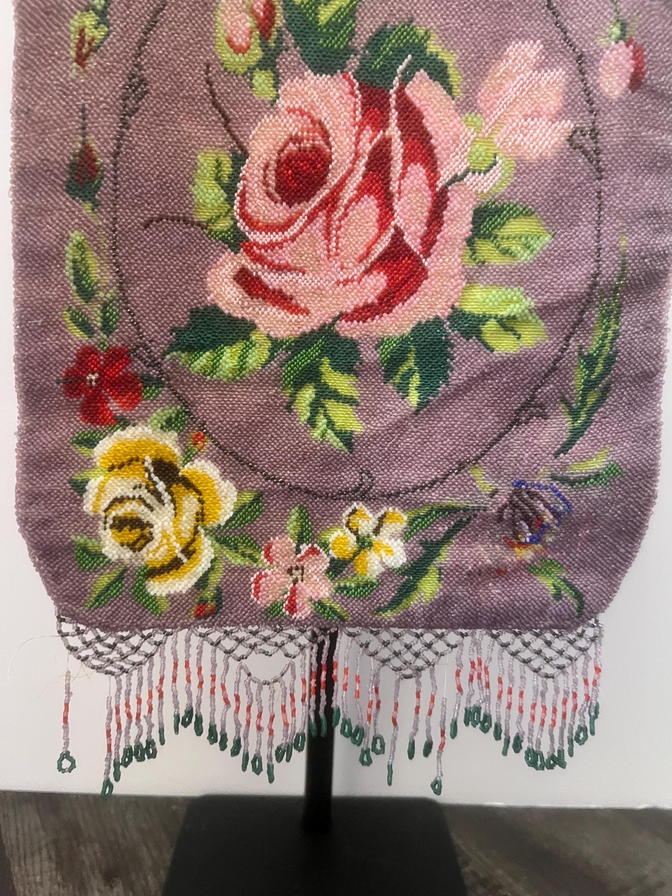 Rare czech lavender rose beaded purse | 1920s art deco handbag | antique flapper evening bag with fringe & chain handle antique