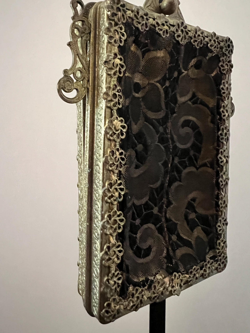 Antique victorian lace evening purse | ornate gilt frame with amber stones | black lace necessaire wristlet | late 1800s edwardian bag