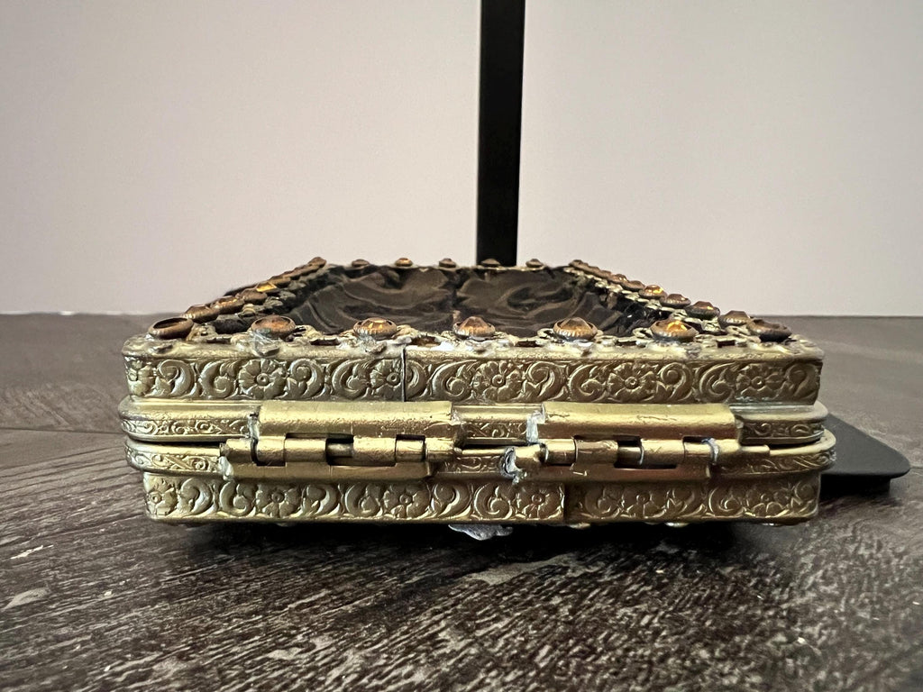 Antique victorian lace evening purse | ornate gilt frame with amber stones | black lace necessaire wristlet | late 1800s edwardian bag