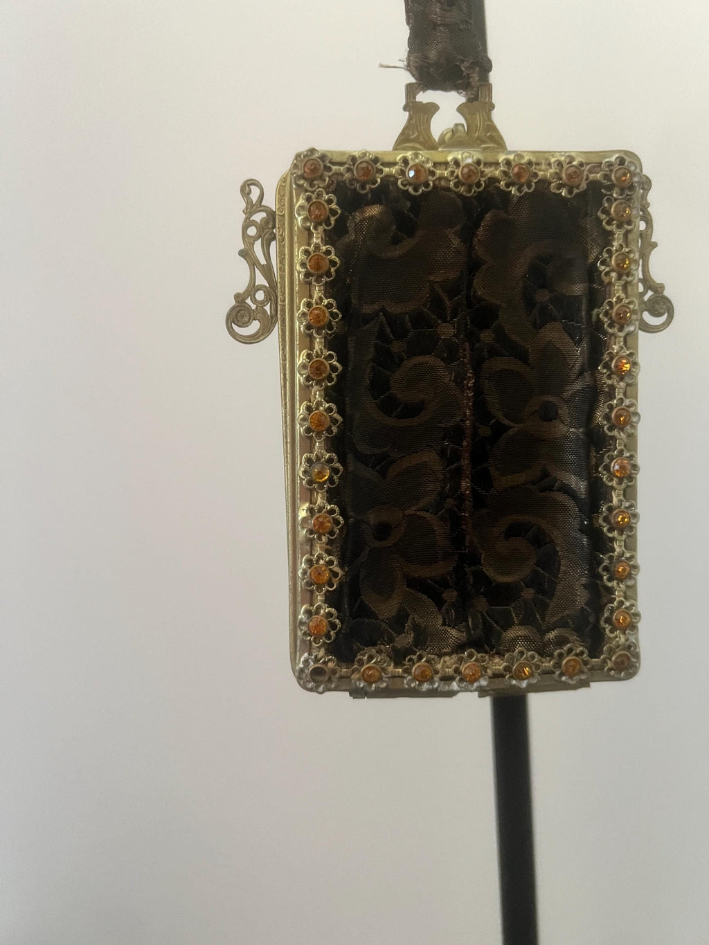 Antique victorian lace evening purse | ornate gilt frame with amber stones | black lace necessaire wristlet | late 1800s edwardian bag