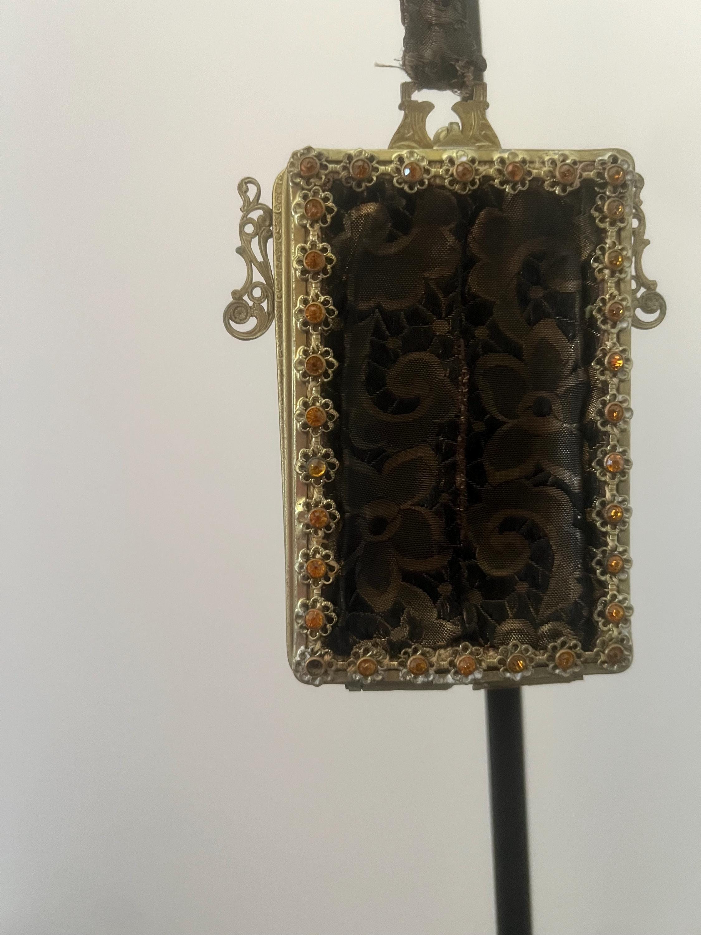 Antique victorian lace evening purse | ornate gilt frame with amber stones | black lace necessaire wristlet | late 1800s edwardian bag