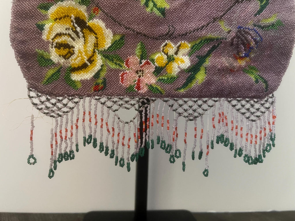 Rare czech lavender rose beaded purse | 1920s art deco handbag | antique flapper evening bag with fringe & chain handle antique