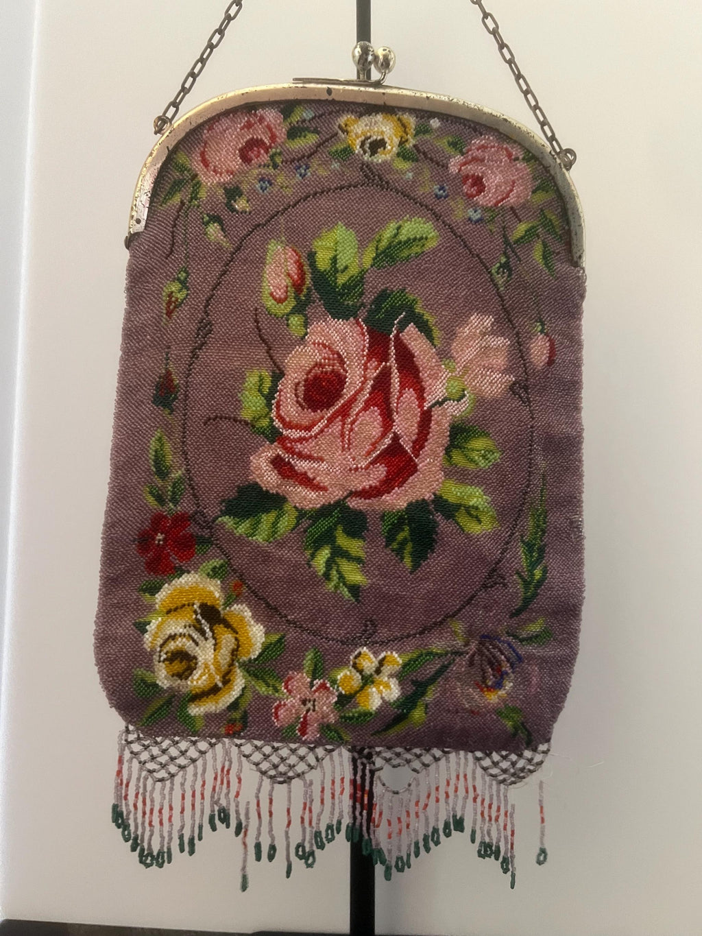 Rare czech lavender rose beaded purse | 1920s art deco handbag | antique flapper evening bag with fringe & chain handle antique