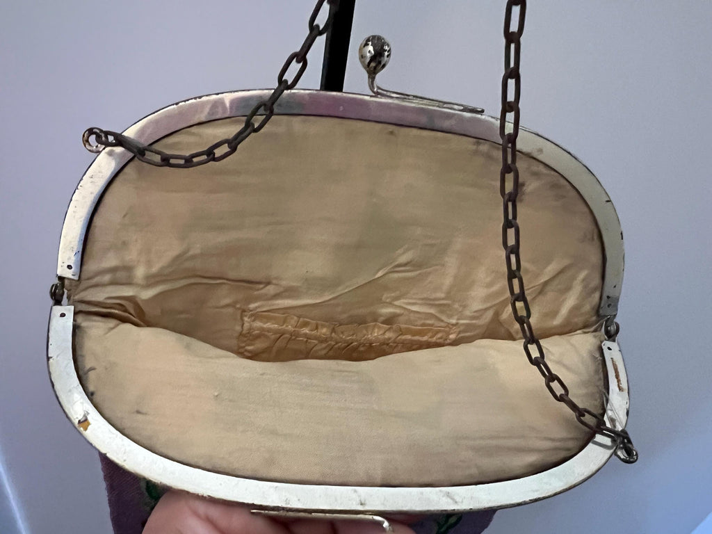 Rare czech lavender rose beaded purse | 1920s art deco handbag | antique flapper evening bag with fringe & chain handle antique