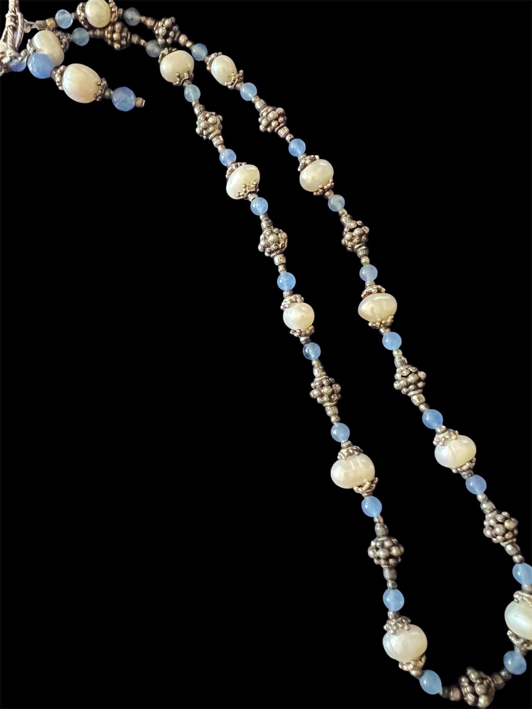 Handmade Pearl & Silver Bead Necklace – Blue Accents – Artisan Jewelry – Elegant Gift for Her