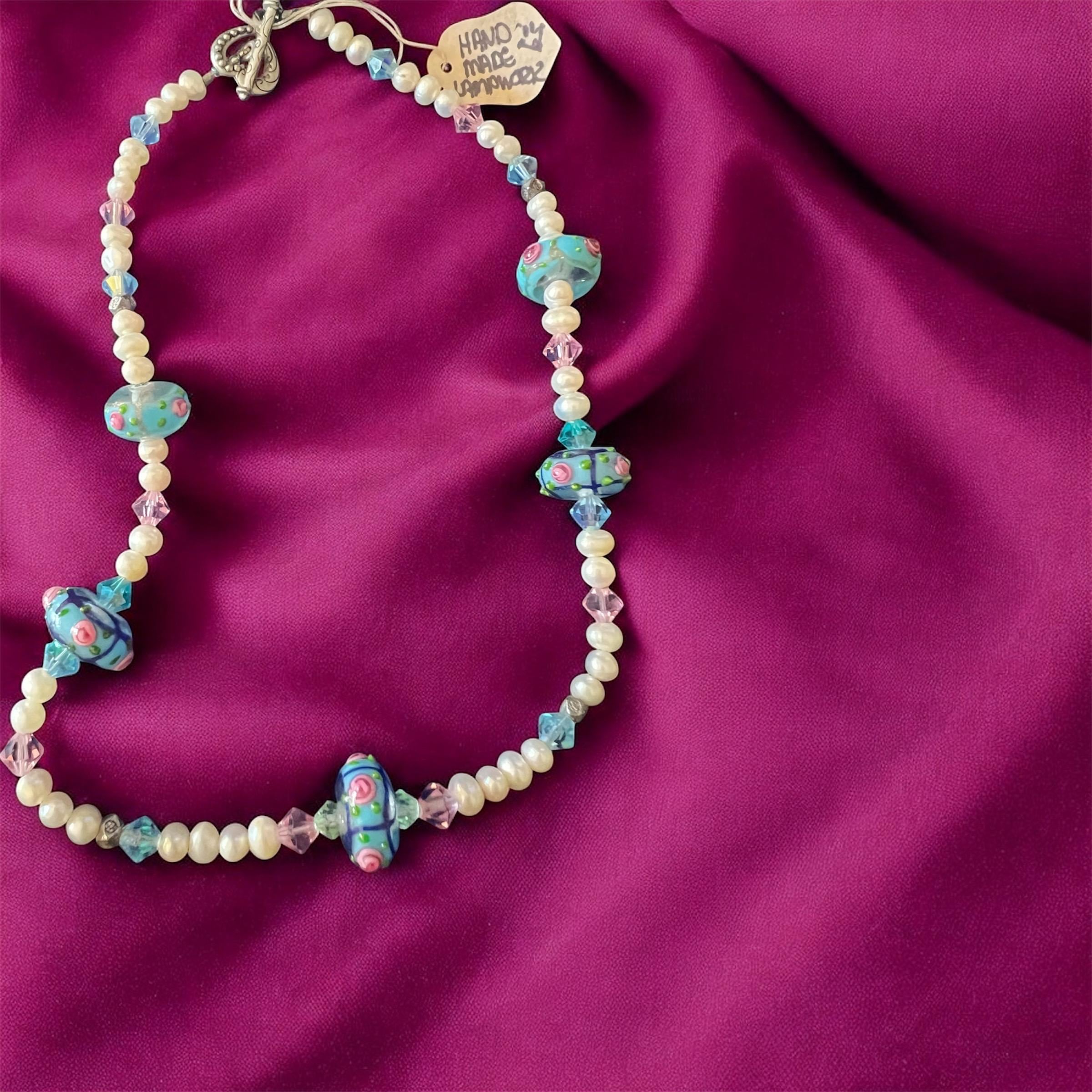 Handmade Pearl or Pearl Like Lampwork Glass Bead Bracelet – Blue and Pink Floral Accents – Toggle Clasp – One of a Kind