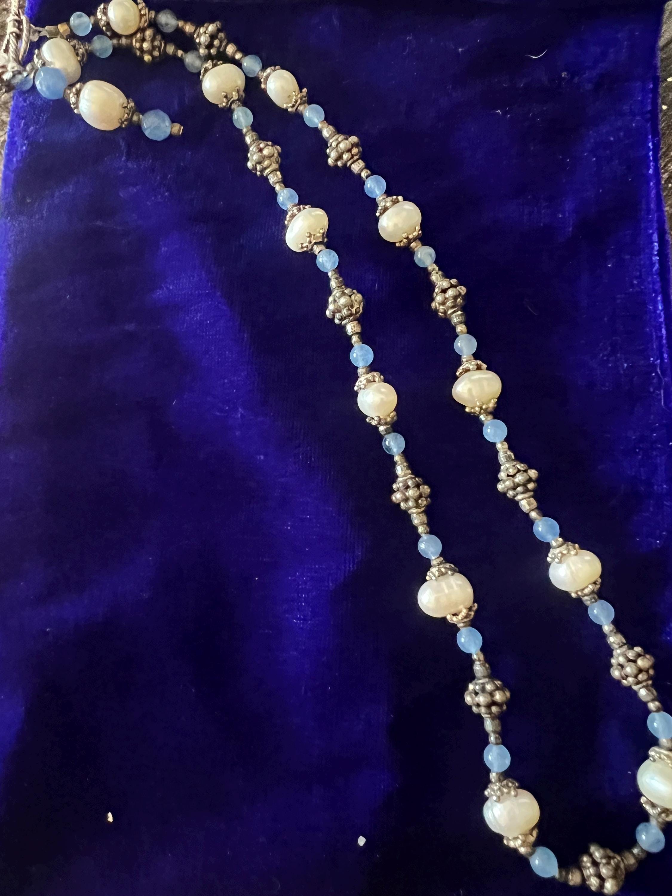Handmade Pearl & Silver Bead Necklace – Blue Accents – Artisan Jewelry – Elegant Gift for Her