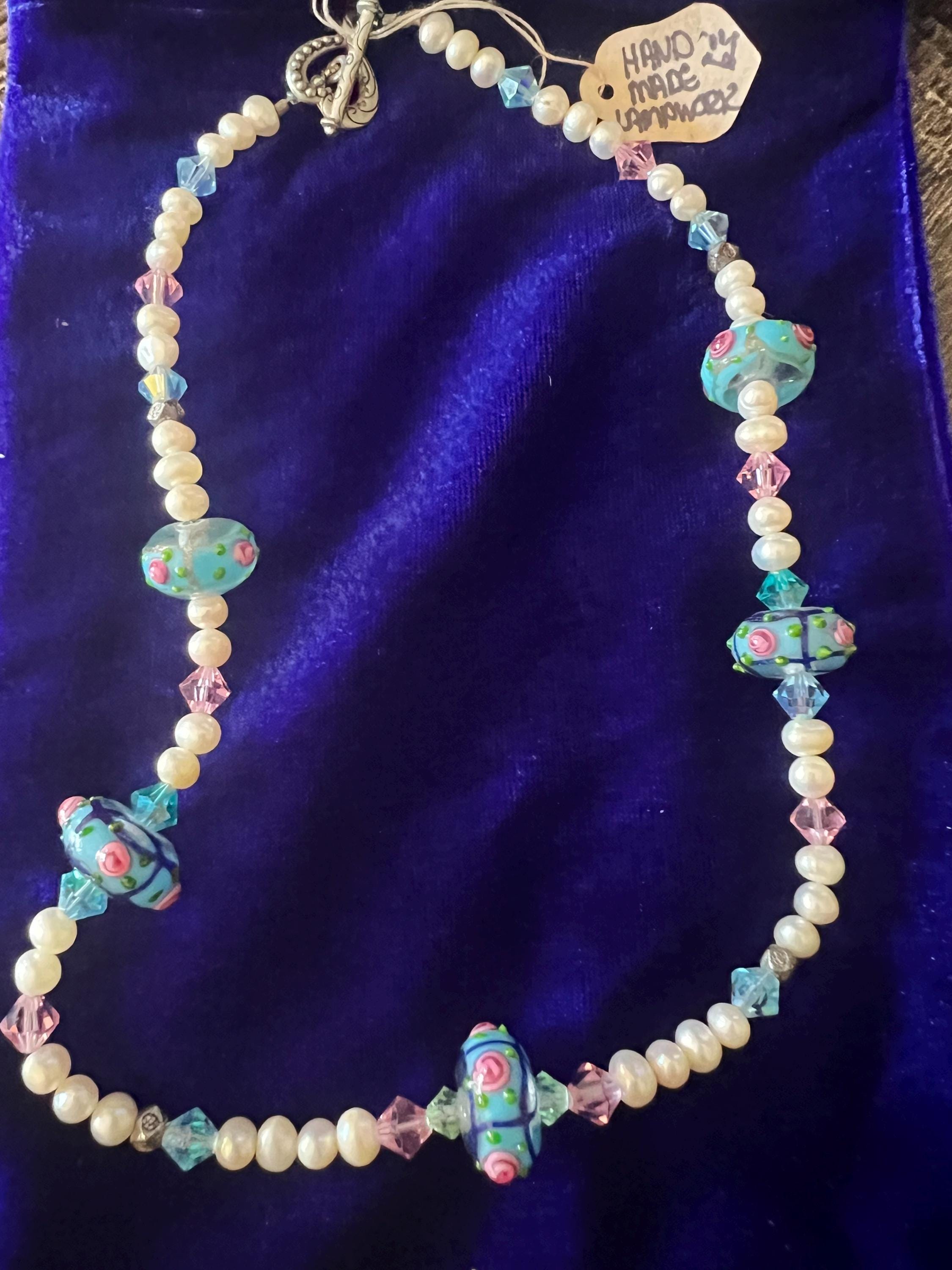Handmade Pearl or Pearl Like Lampwork Glass Bead Bracelet – Blue and Pink Floral Accents – Toggle Clasp – One of a Kind