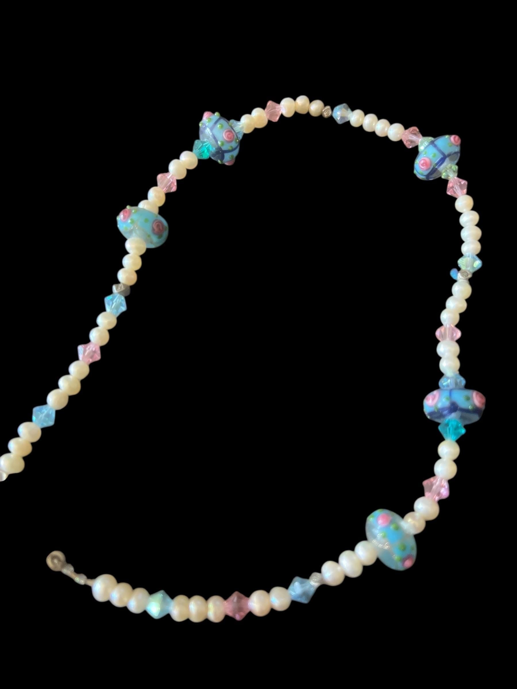 Handmade Pearl or Pearl Like Lampwork Glass Bead Bracelet – Blue and Pink Floral Accents – Toggle Clasp – One of a Kind