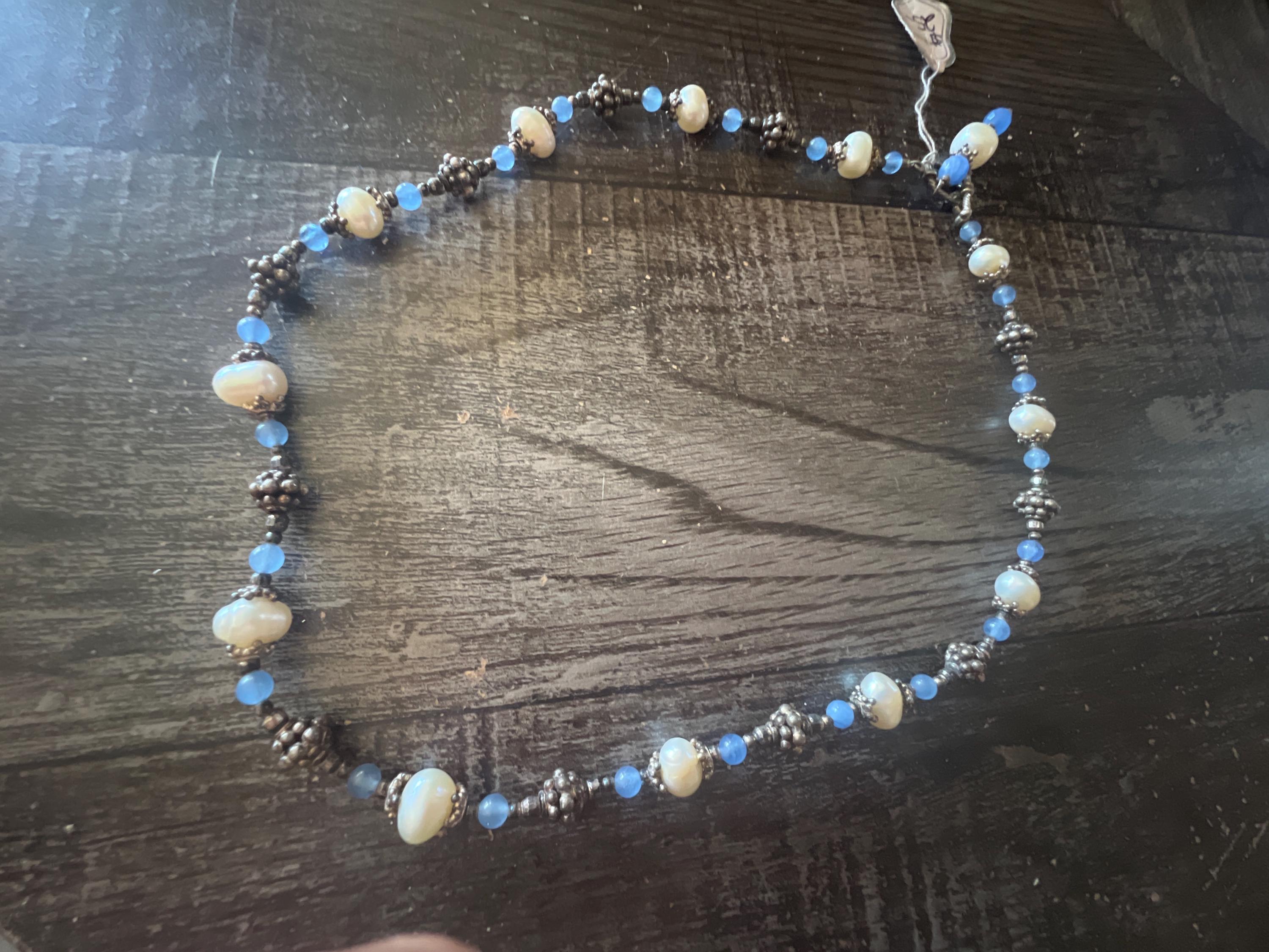 Handmade Pearl & Silver Bead Necklace – Blue Accents – Artisan Jewelry – Elegant Gift for Her