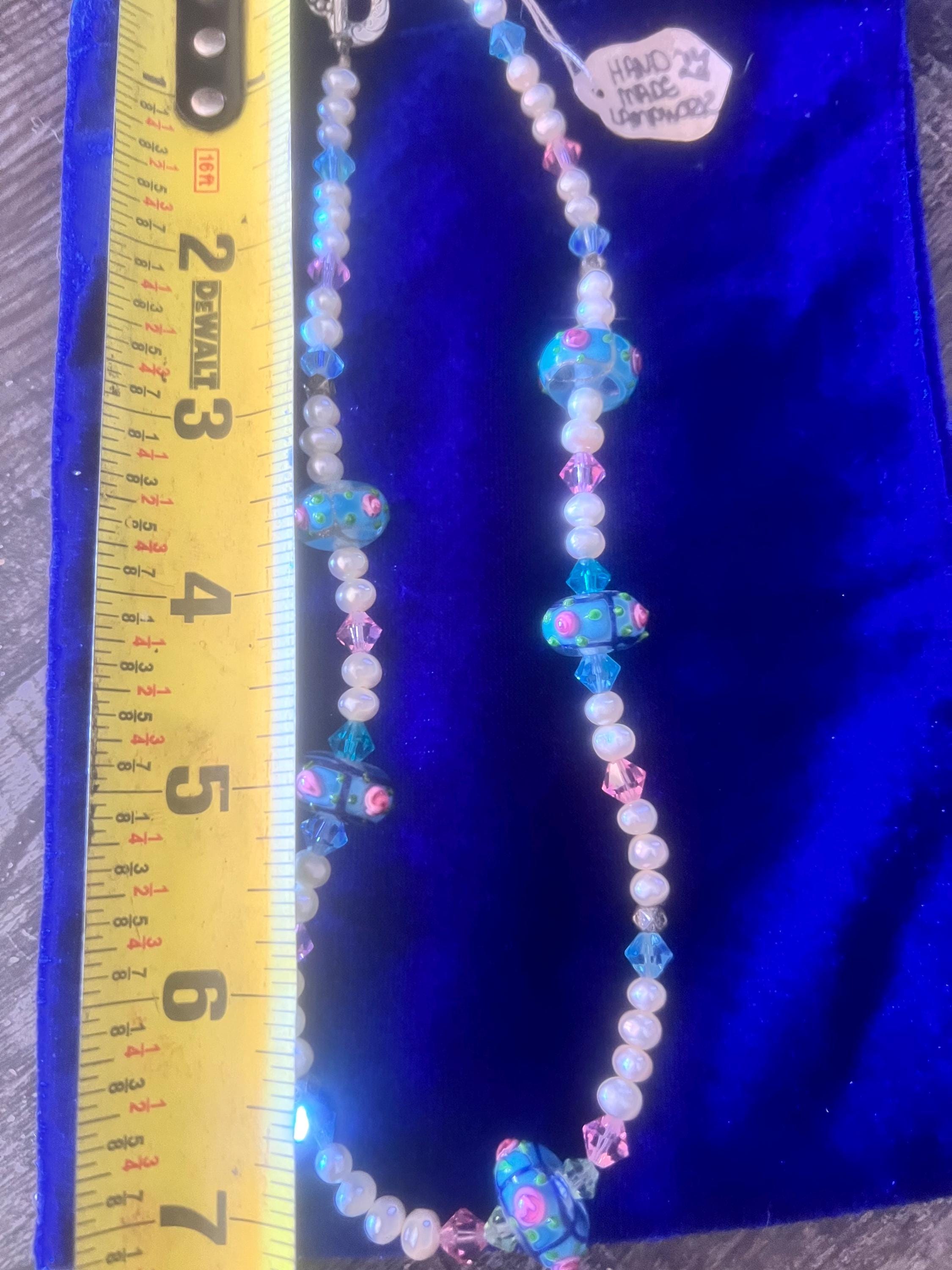Handmade Pearl or Pearl Like Lampwork Glass Bead Bracelet – Blue and Pink Floral Accents – Toggle Clasp – One of a Kind