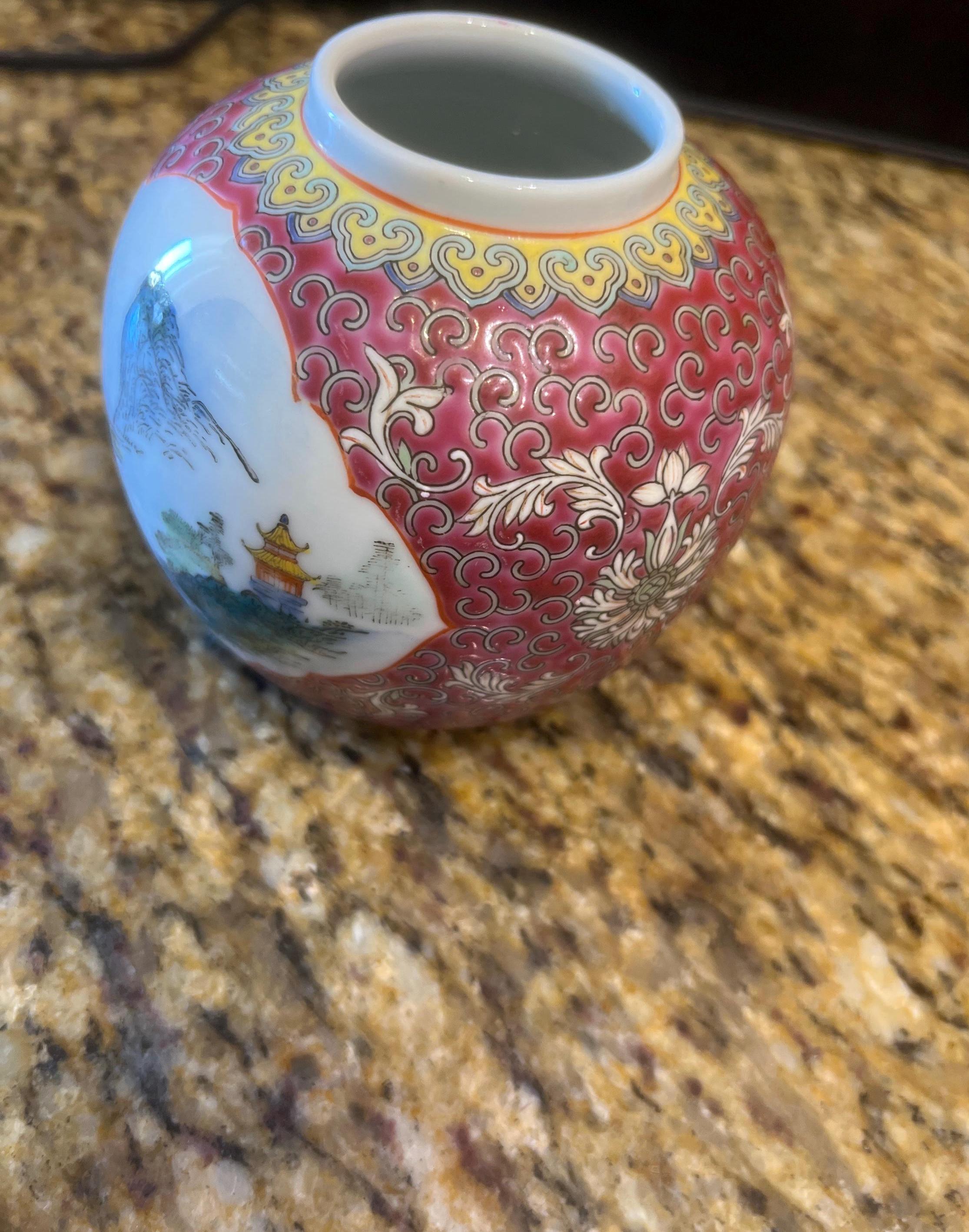 Chinese Porcelain Vase, Decorative Ginger Jar Style, Colorful Landscape & Pagoda Design, Modern Oriental Home Decor