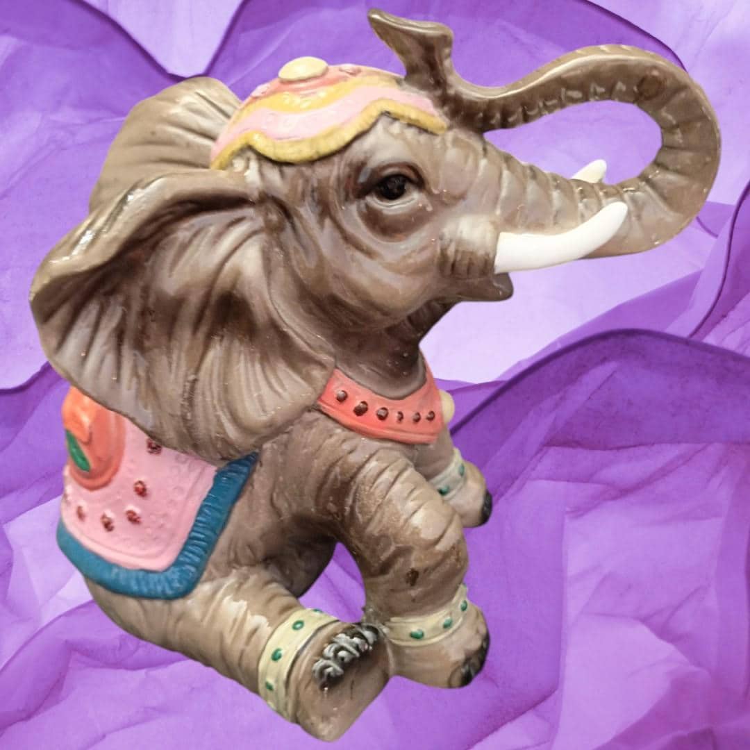 Decorative elephant figurine – hand painted resin – colorful saddle – good luck