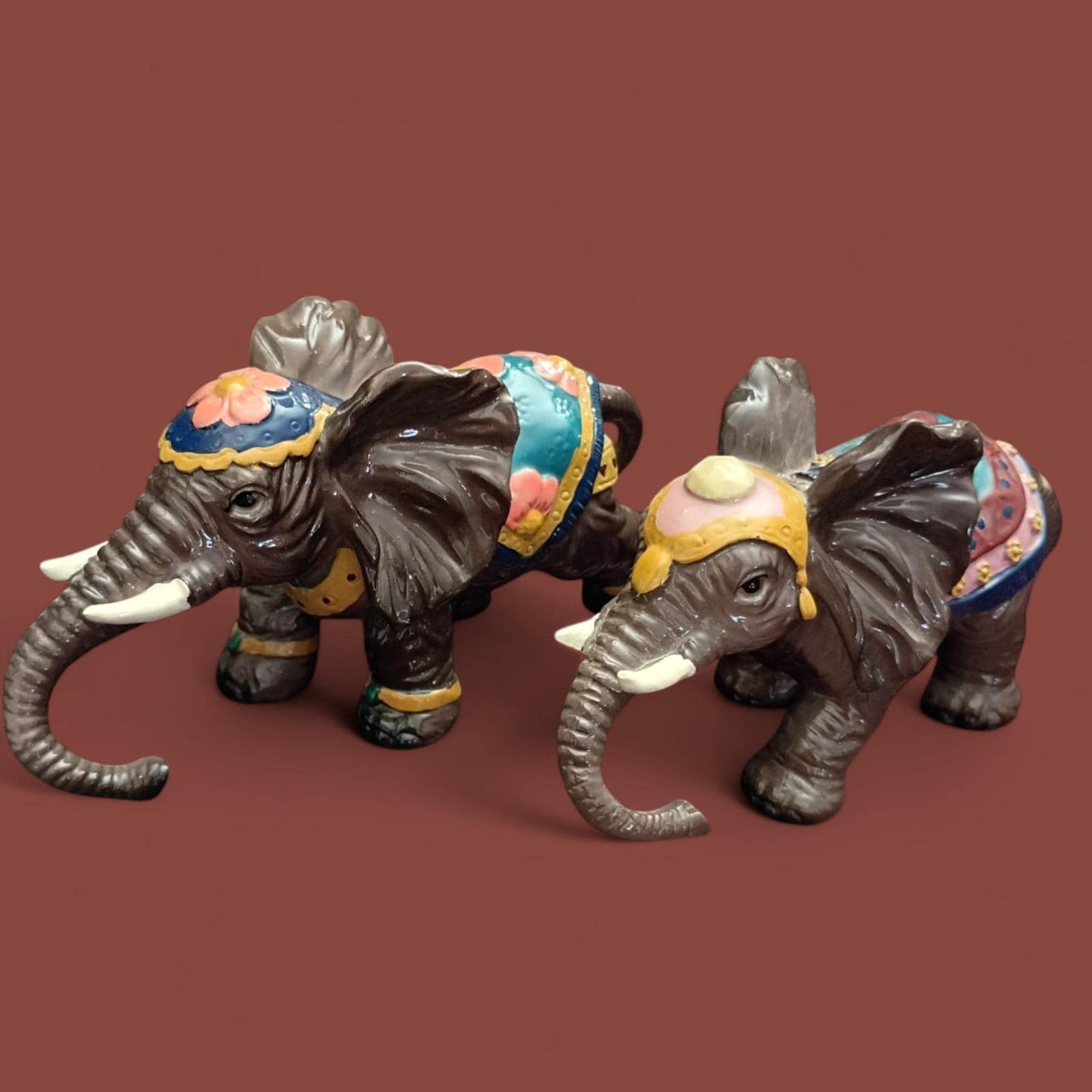 Set of 2 colorful decorative elephant figurines – hand painted resin statues...