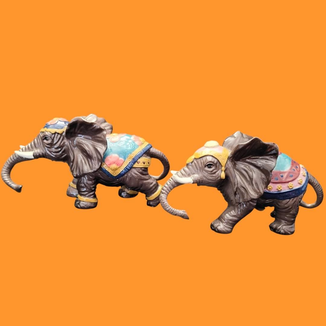 Set of 2 colorful decorative elephant figurines – hand painted resin statues...