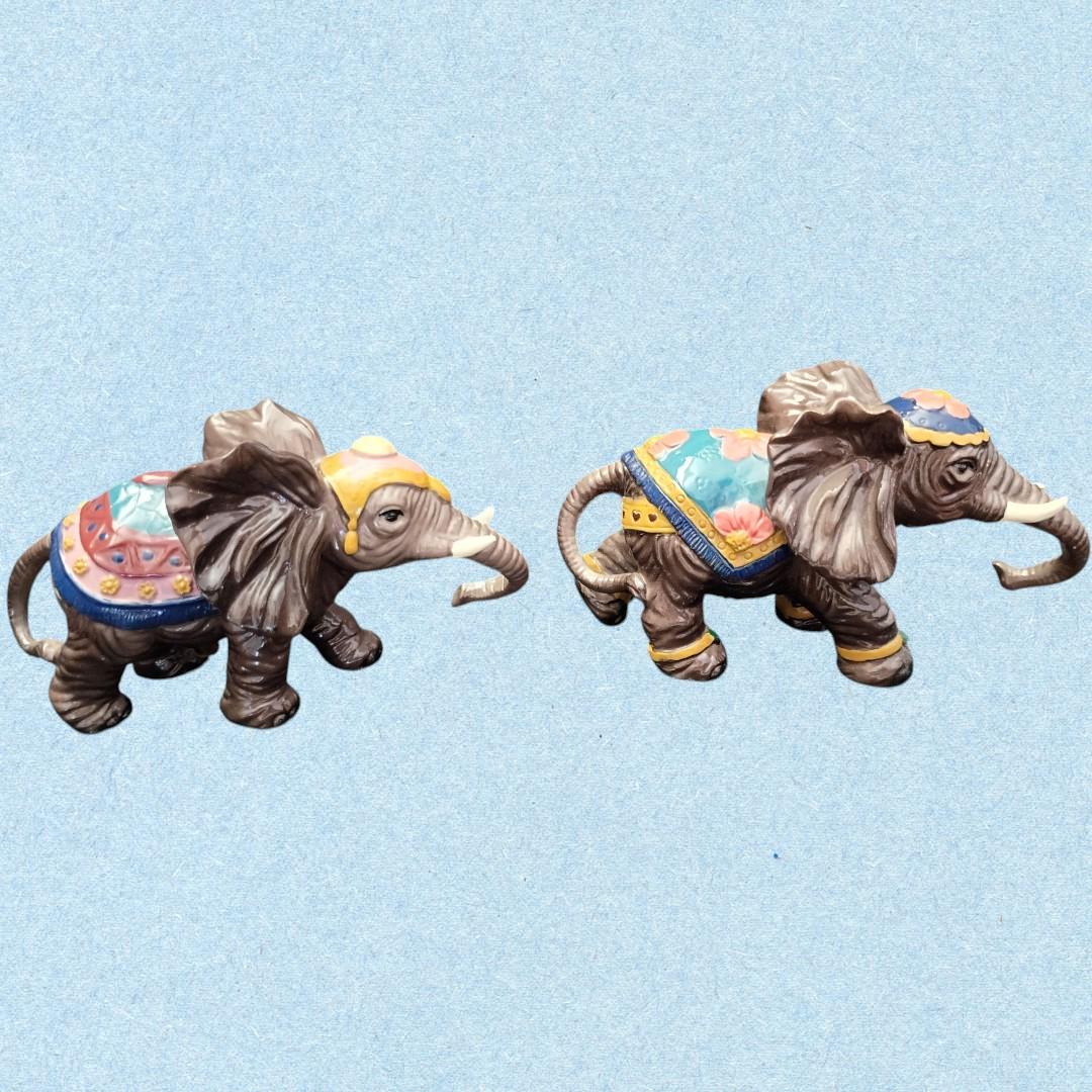 Set of 2 colorful decorative elephant figurines – hand painted resin statues...