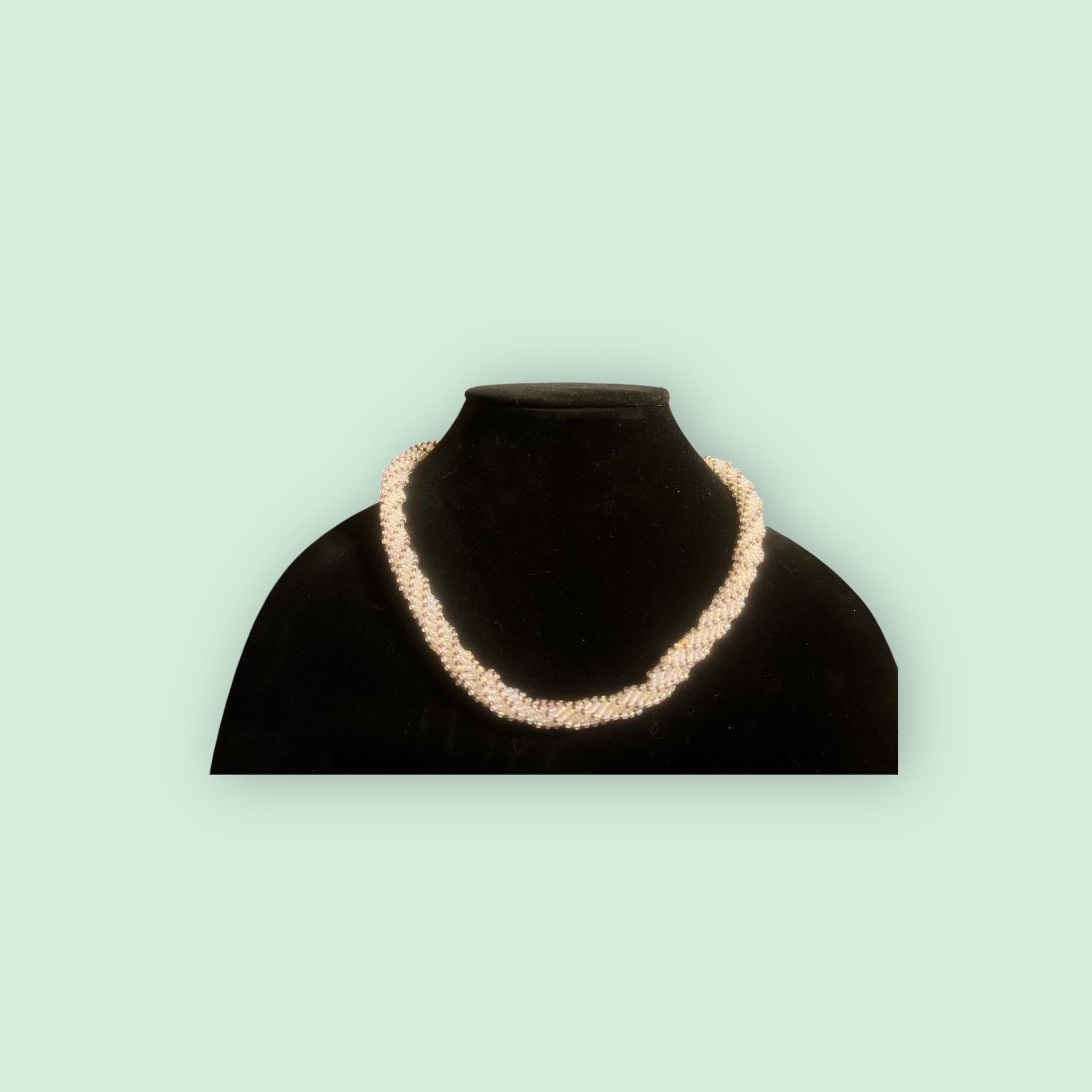 Handmade Spiral Beaded Necklace – Pink & Clear Seed Bead Choker, Vintage Style Jewelry