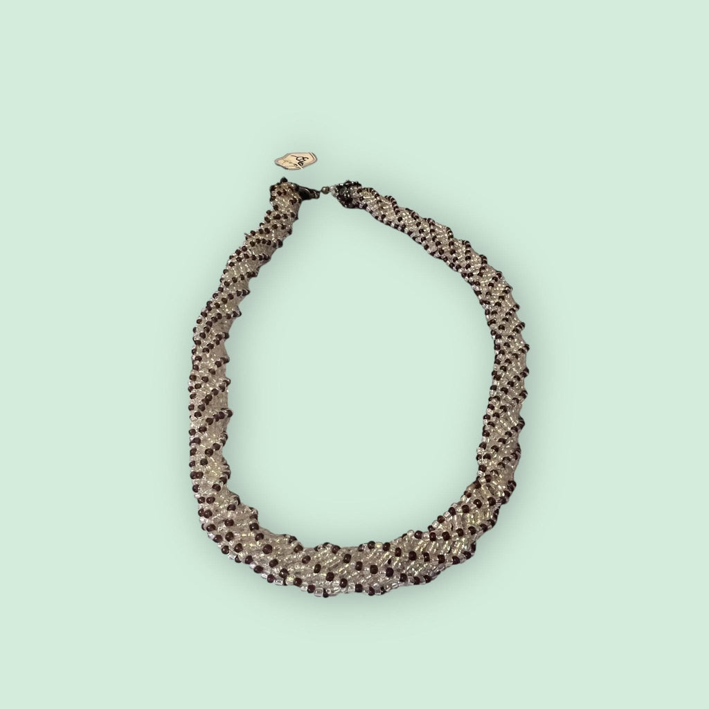 Handmade Spiral Beaded Necklace – Pink & Clear Seed Bead Choker, Vintage Style Jewelry