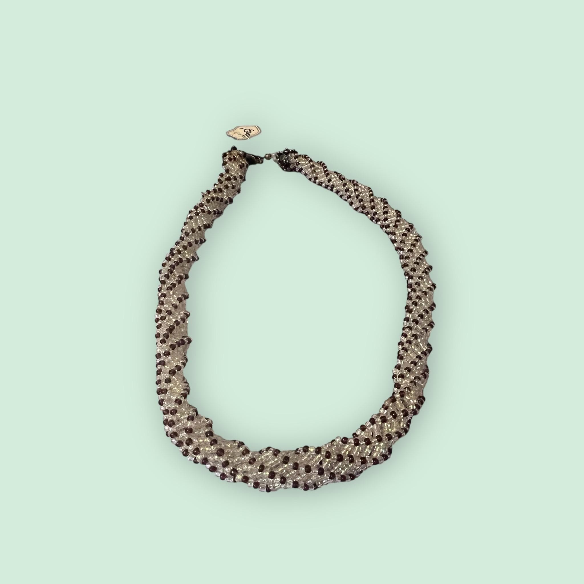 Handmade Spiral Beaded Necklace – Pink & Clear Seed Bead Choker, Vintage Style Jewelry