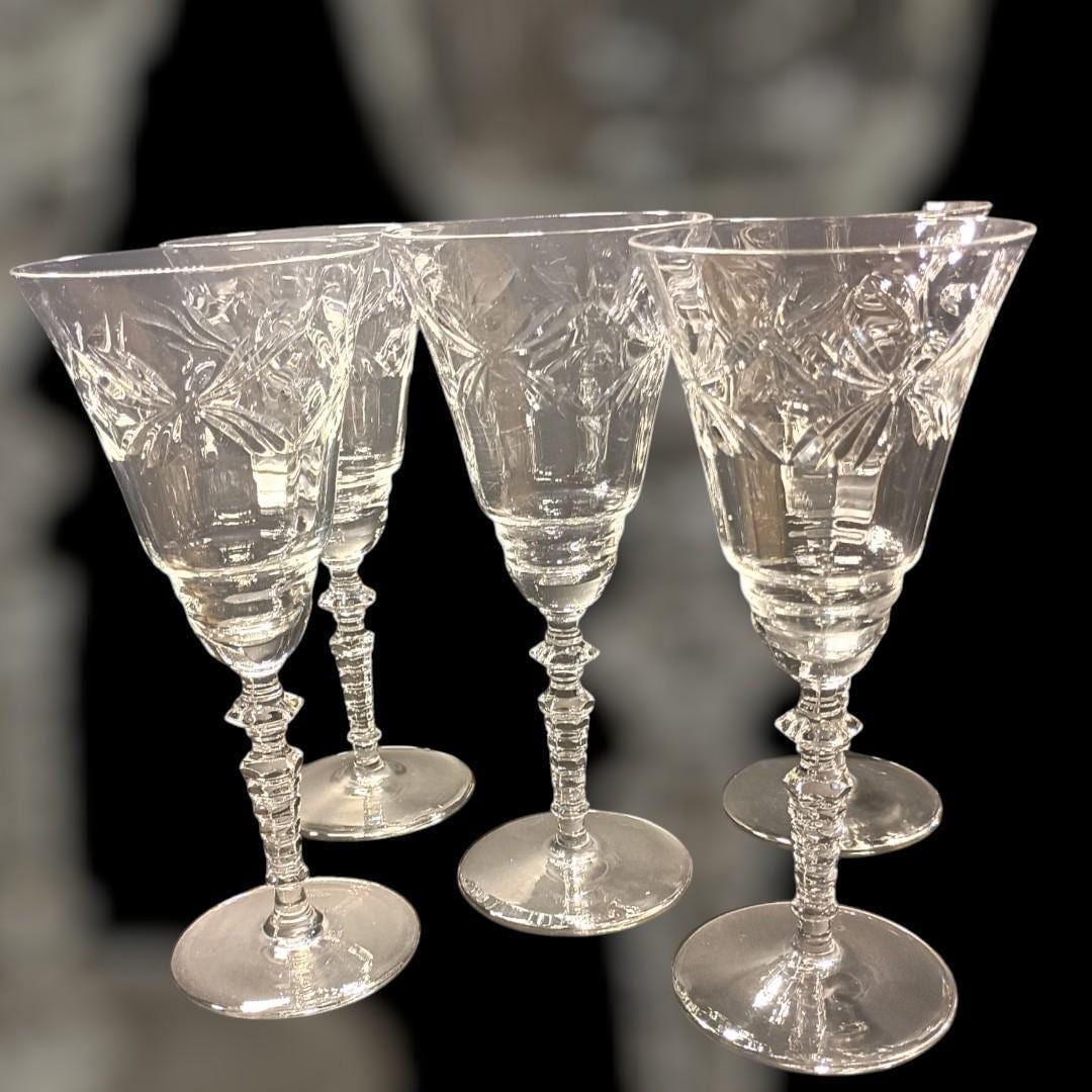 Elegant cut crystal wine glasses – set of 5 –vintage handcrafted stemware---