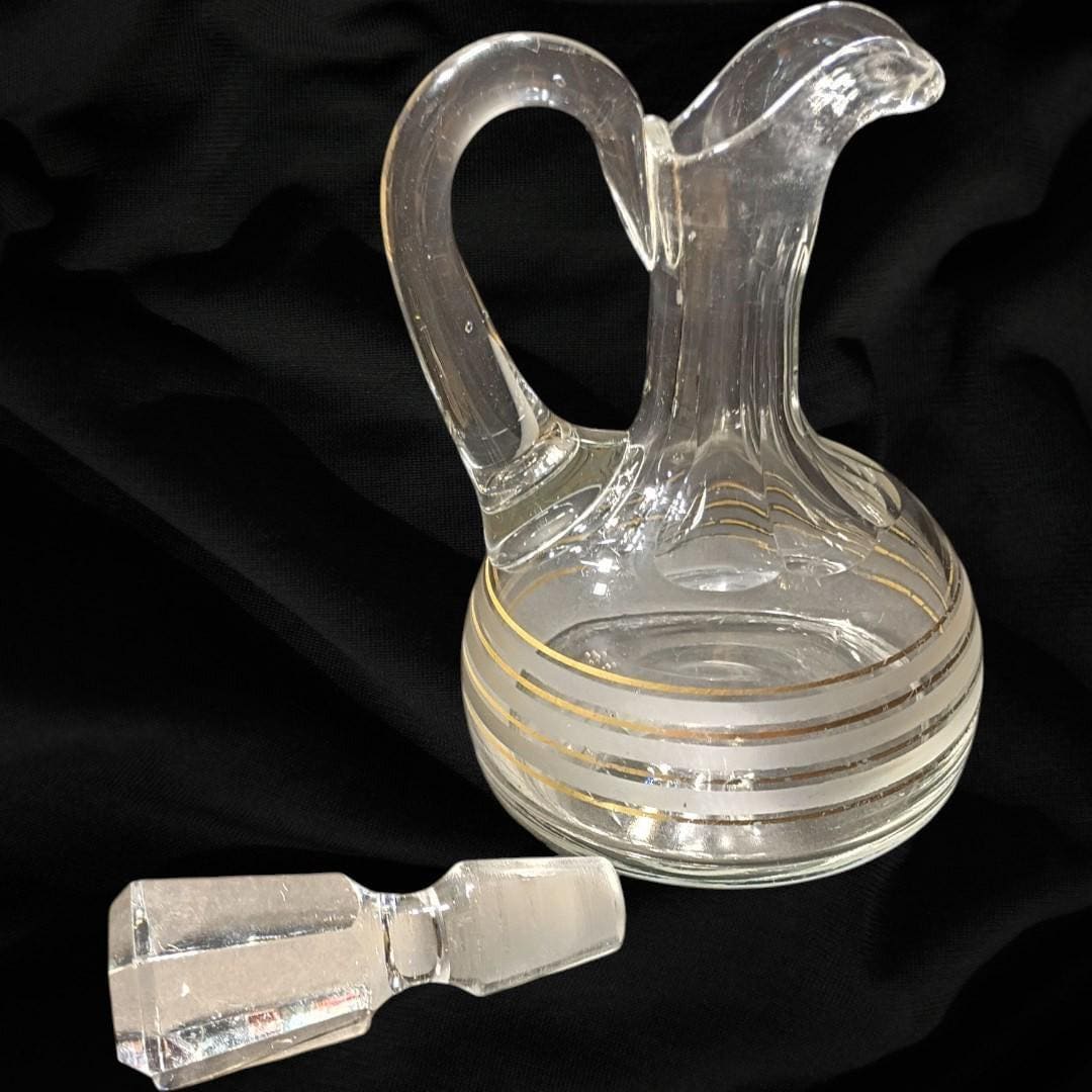 Glass cruet decanter w/ stopper & gold bands –vintage.. elegant...