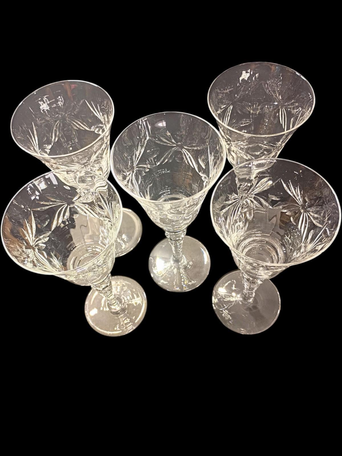 Elegant cut crystal wine glasses – set of 5 –vintage handcrafted stemware---