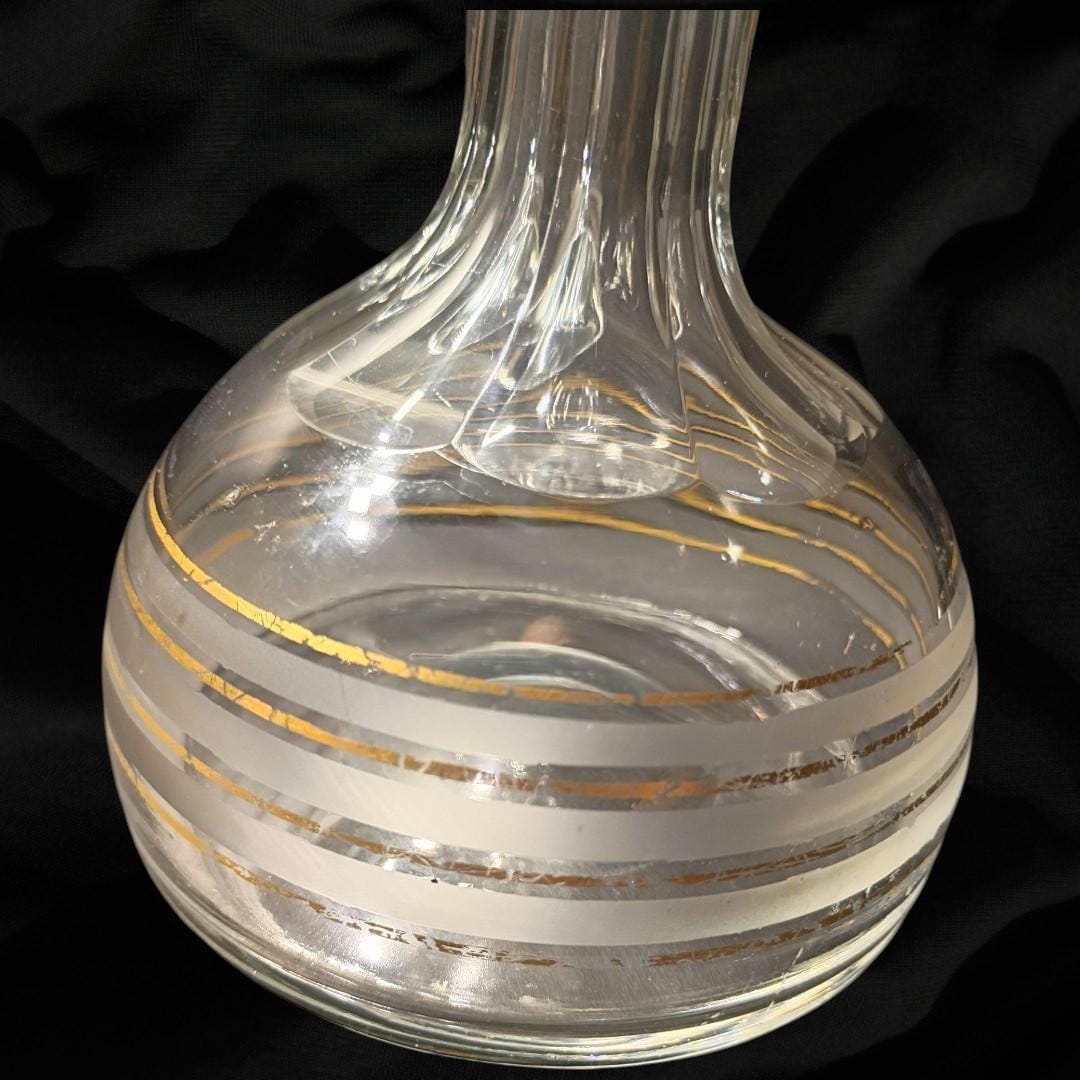 Glass cruet decanter w/ stopper & gold bands –vintage.. elegant...