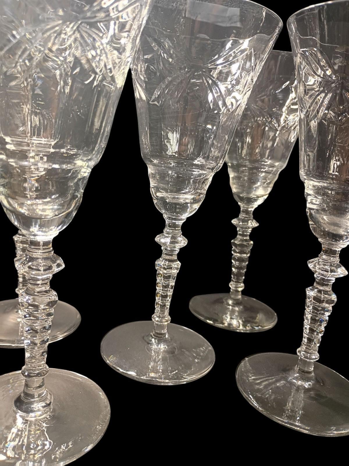 Elegant cut crystal wine glasses – set of 5 –vintage handcrafted stemware---