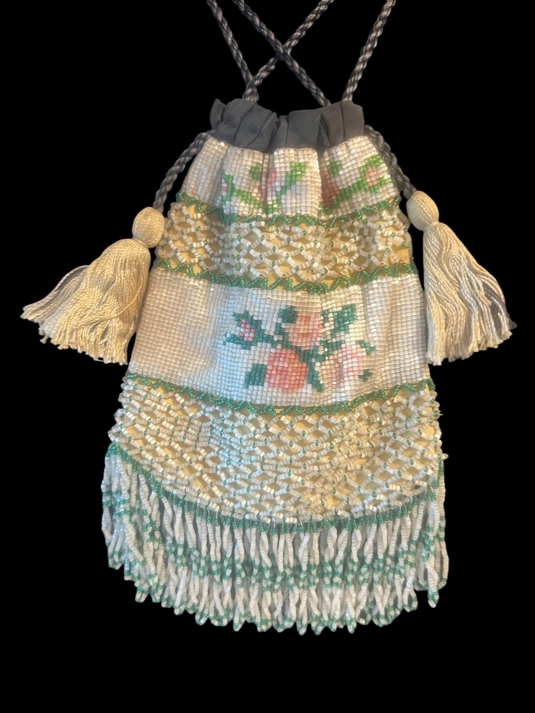 Antique Beaded Drawstring Purse – Hand-Beaded Floral Roses with Tassels, Early 1900s Reticule