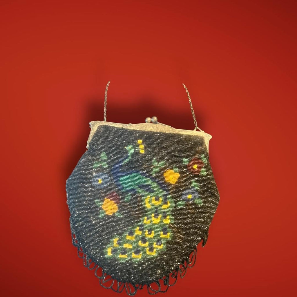 Antique 1920s Beaded Peacock Evening Purse – Art Deco Handbag with Nickel Silver Frame