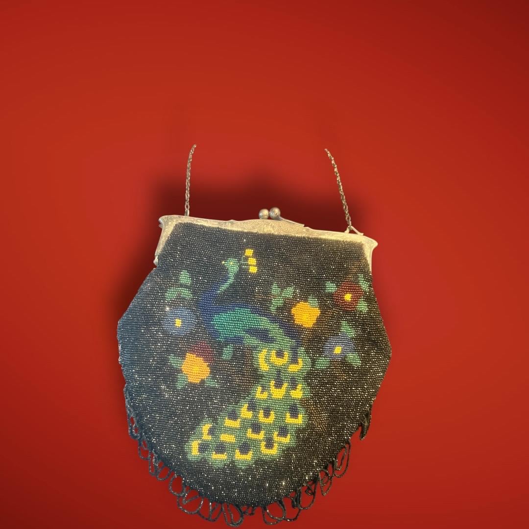 Antique 1920s Beaded Peacock Evening Purse – Art Deco Handbag with Nickel Silver Frame