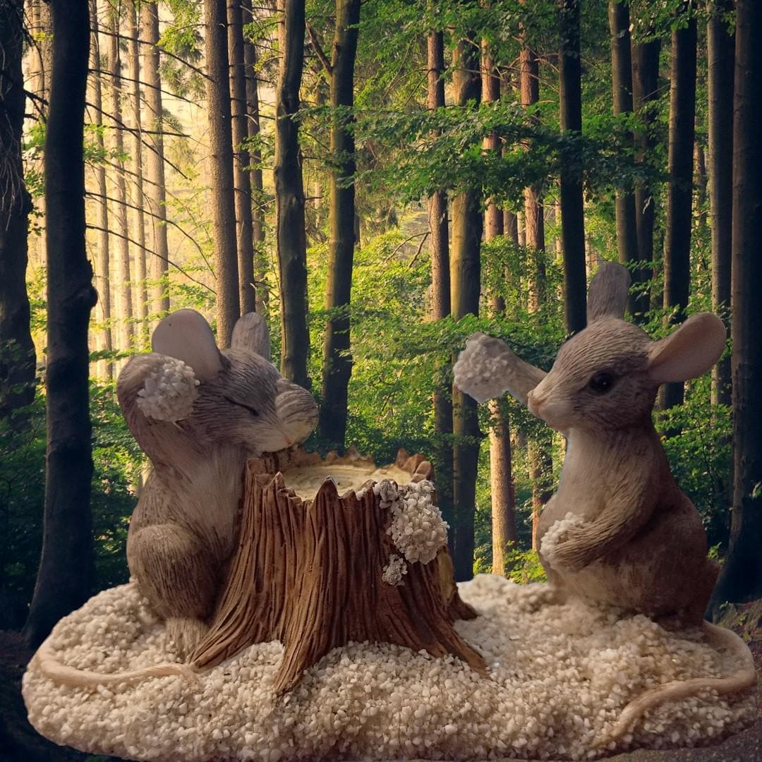 Charming tails “sharing a sweet treat” two mice with tree stump figurine...