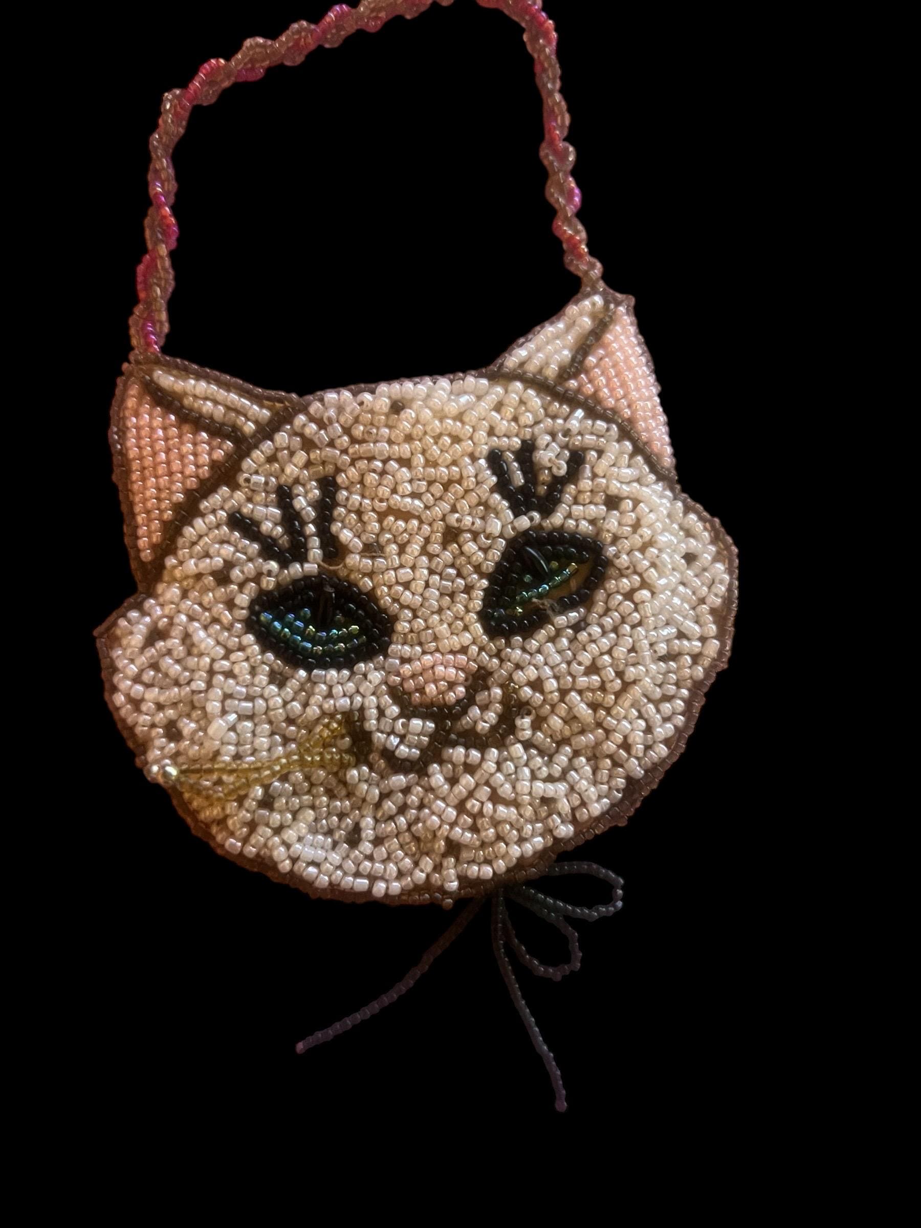 Lot of 2 Handmade Beaded Cat Purses – Kitty Coin Pouch & Cat Face Handbag