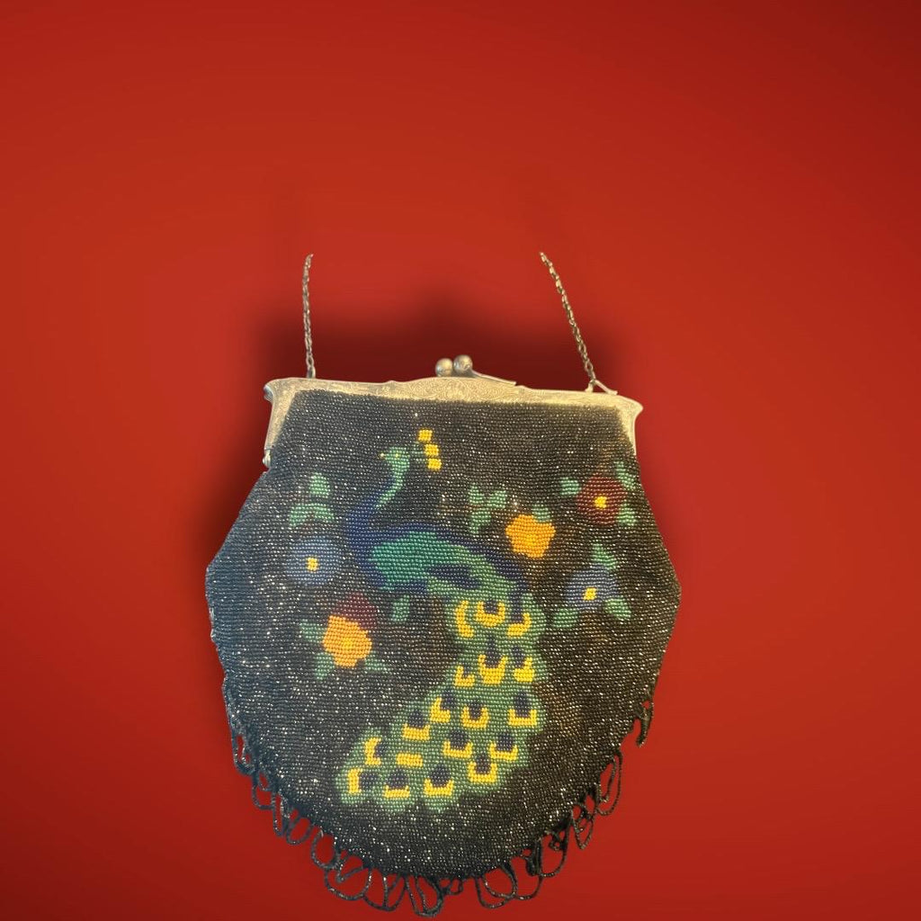 Antique 1920s Beaded Peacock Evening Purse – Art Deco Handbag with Nickel Silver Frame