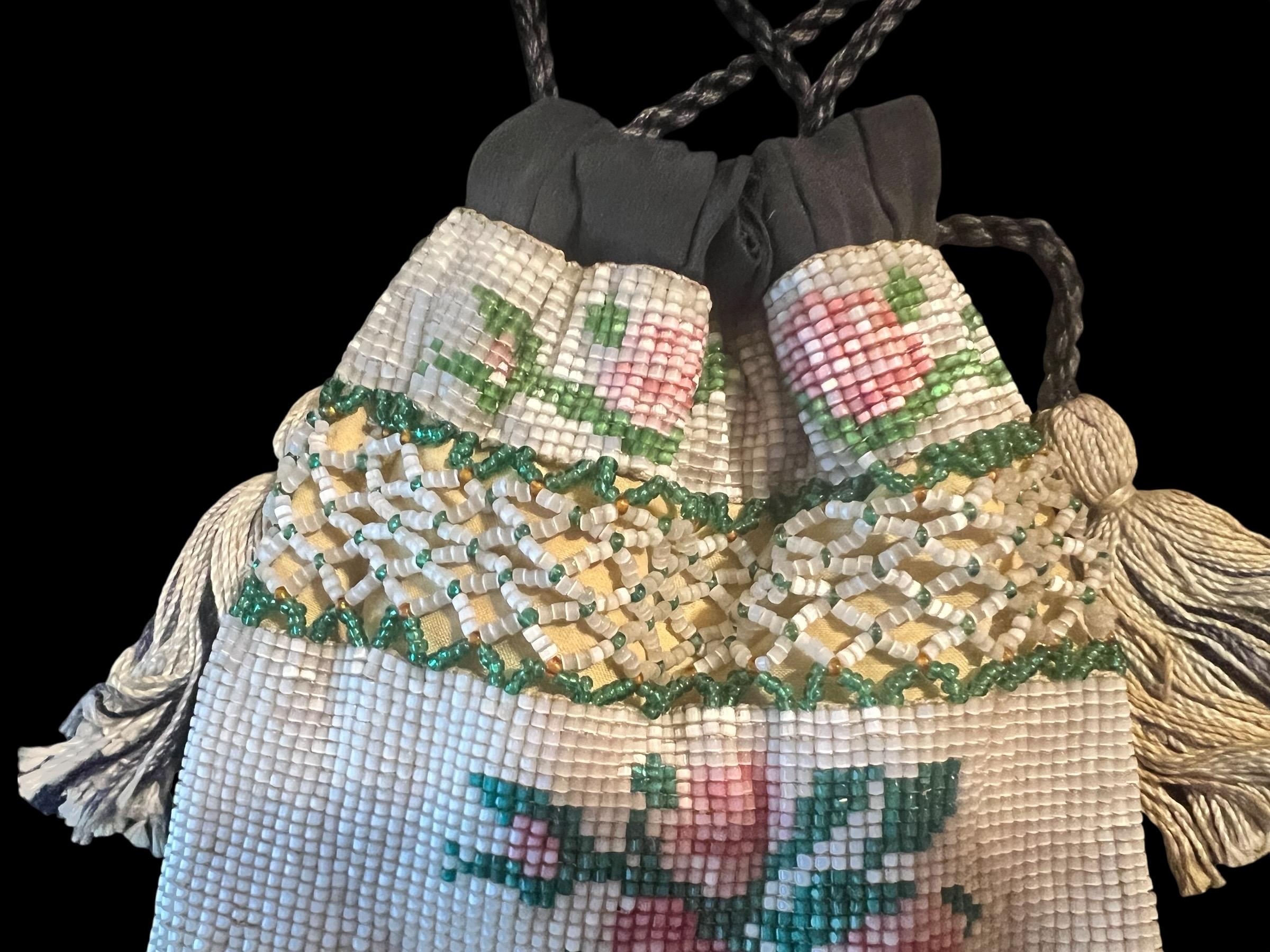 Antique Beaded Drawstring Purse – Hand-Beaded Floral Roses with Tassels, Early 1900s Reticule