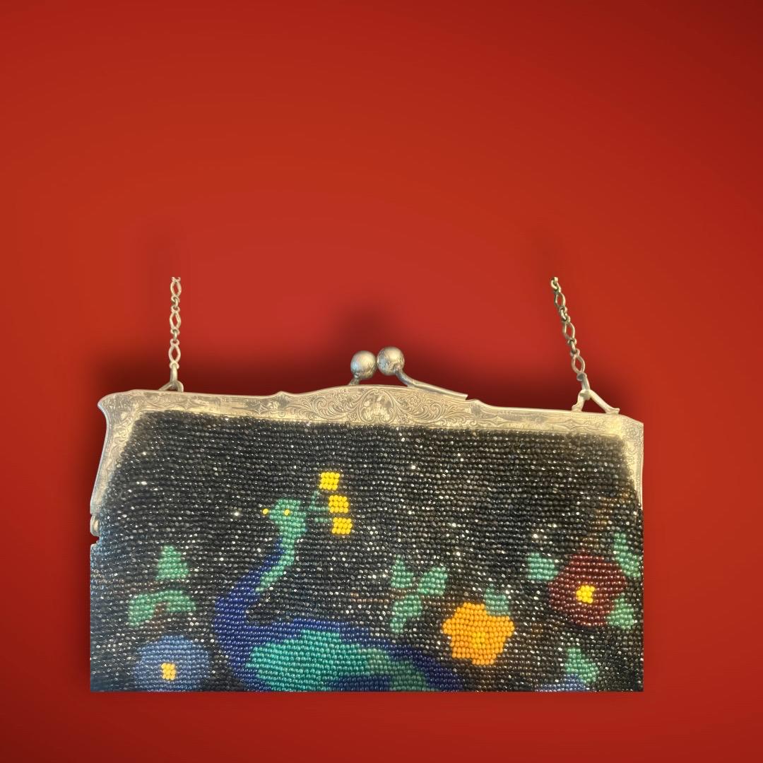 Antique 1920s Beaded Peacock Evening Purse – Art Deco Handbag with Nickel Silver Frame