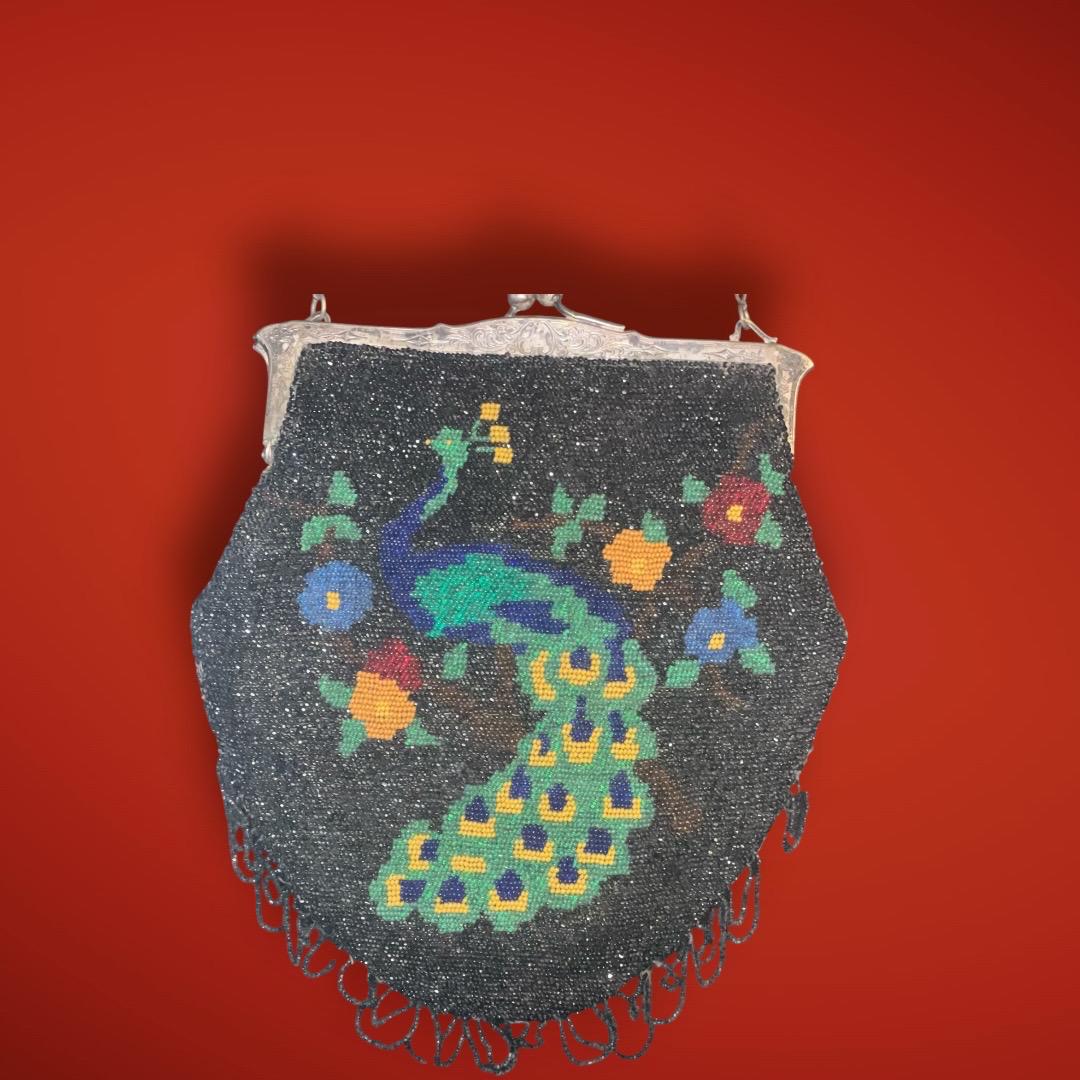 Antique 1920s Beaded Peacock Evening Purse – Art Deco Handbag with Nickel Silver Frame
