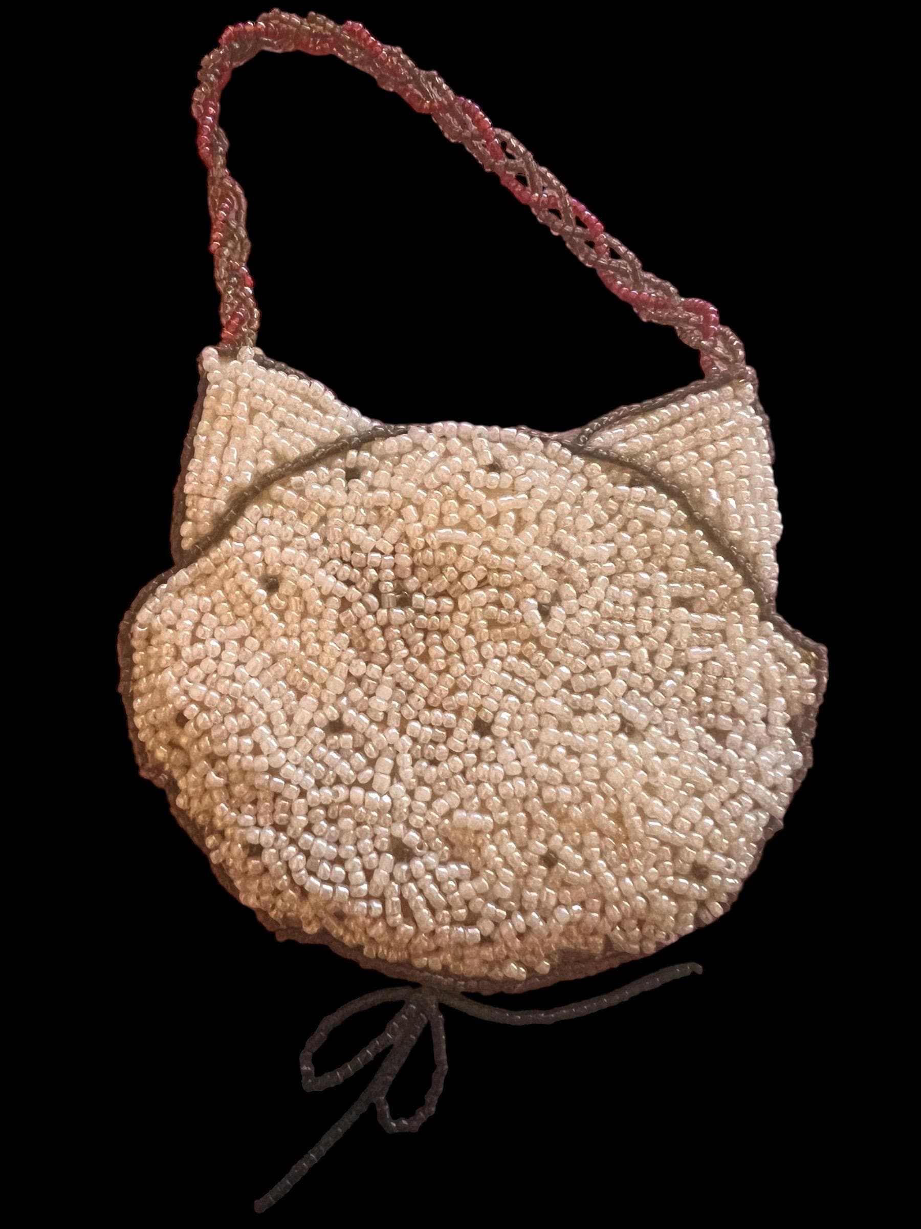 Lot of 2 Handmade Beaded Cat Purses – Kitty Coin Pouch & Cat Face Handbag