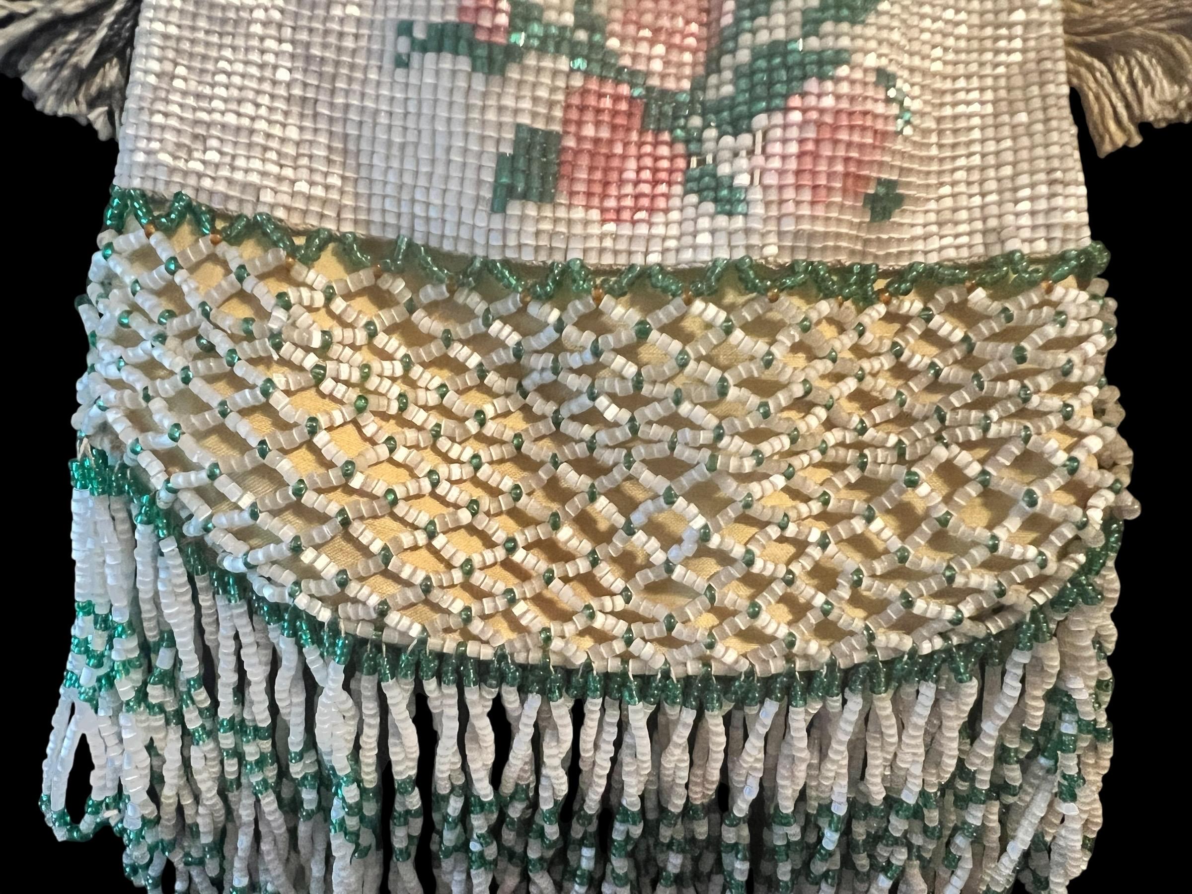 Antique Beaded Drawstring Purse – Hand-Beaded Floral Roses with Tassels, Early 1900s Reticule