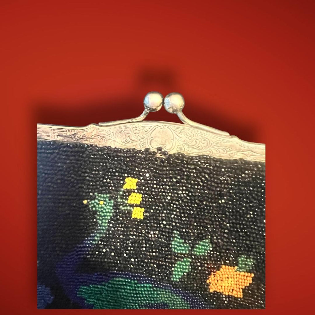 Antique 1920s Beaded Peacock Evening Purse – Art Deco Handbag with Nickel Silver Frame