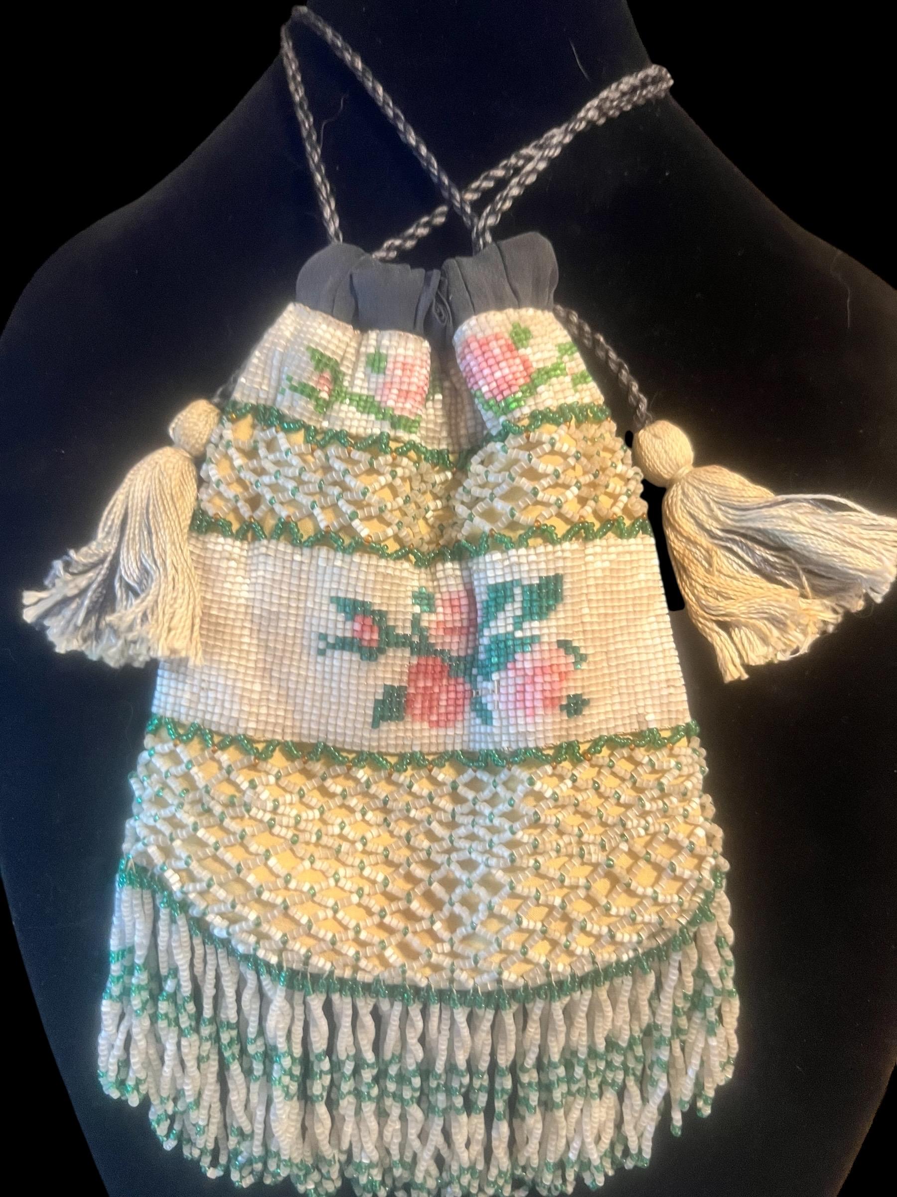 Antique Beaded Drawstring Purse – Hand-Beaded Floral Roses with Tassels, Early 1900s Reticule