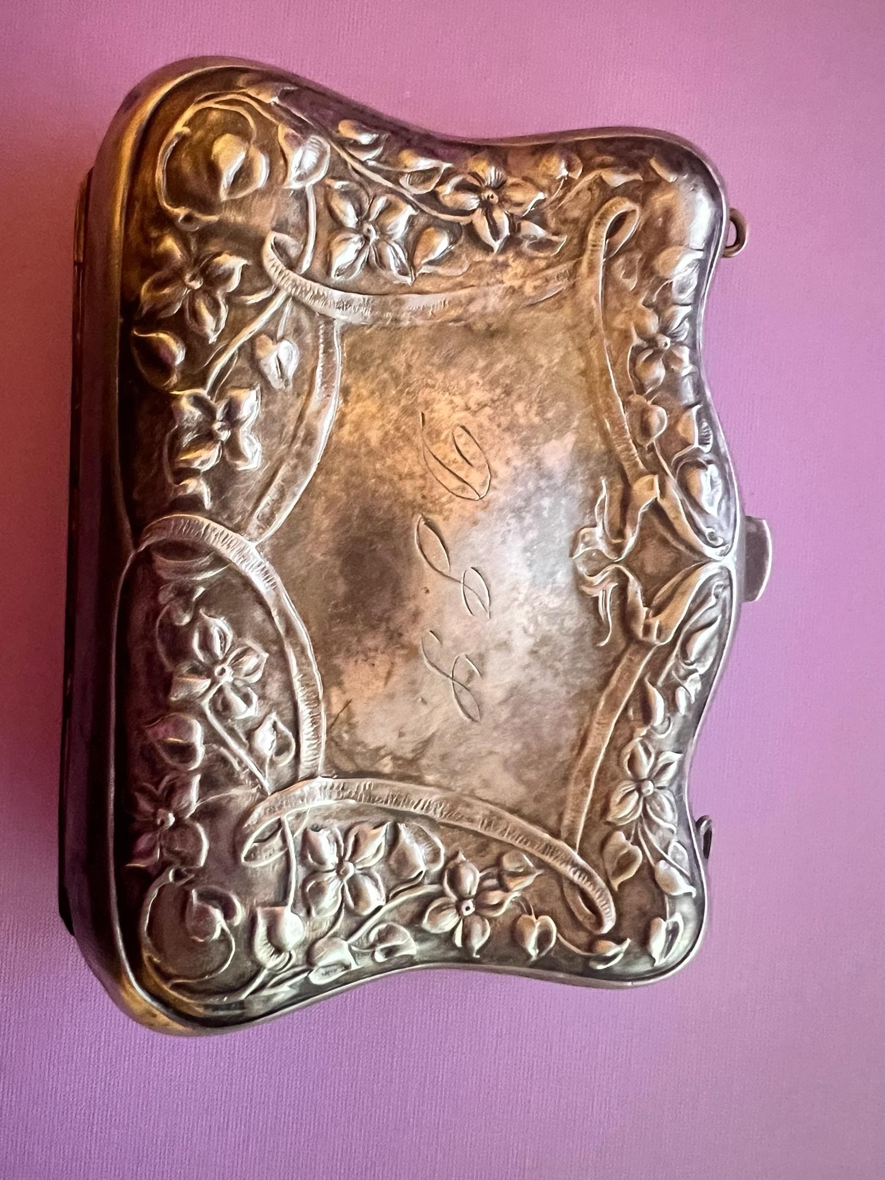 Antique German Silver Art Nouveau Floral Card Case Repousse with D.J. L engraved on front